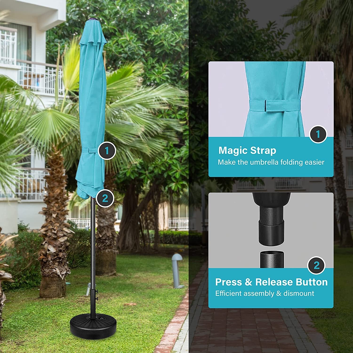 Simple Deluxe 9' Patio Umbrella Outdoor Table Market Yard Umbrella With Push Button Tilt Crank, 8 Sturdy Ribs For Garden, Deck, Backyard, Pool, Turquoise Turquoise Stainless Steel