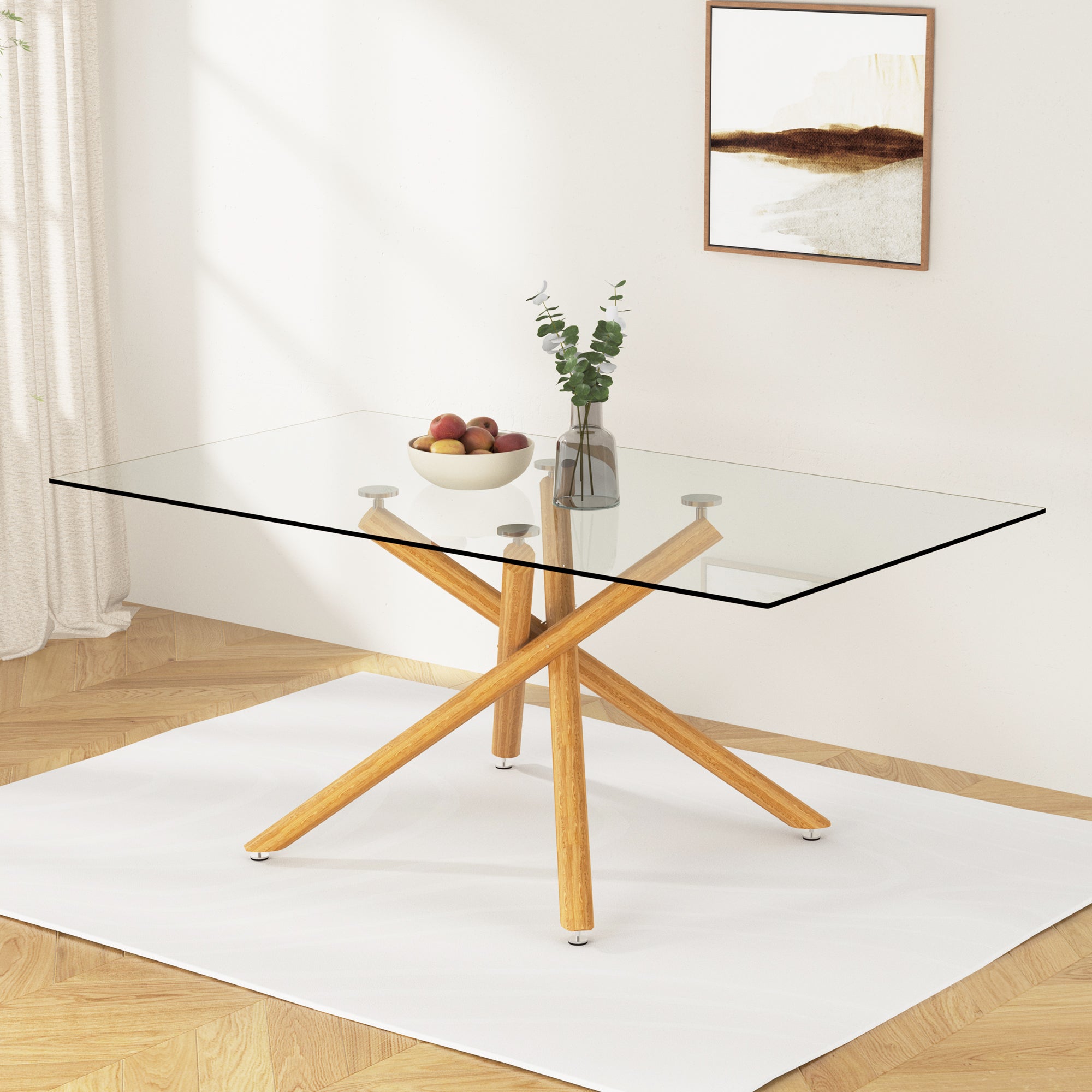 Large Modern Minimalist Rectangular Glass Dining Table For 6 8 With 0.39" Tempered Glass Tabletop And Wood Color Metal Legs, For Kitchen Dining Living Meeting Room Banquet Hall Transparent Glass
