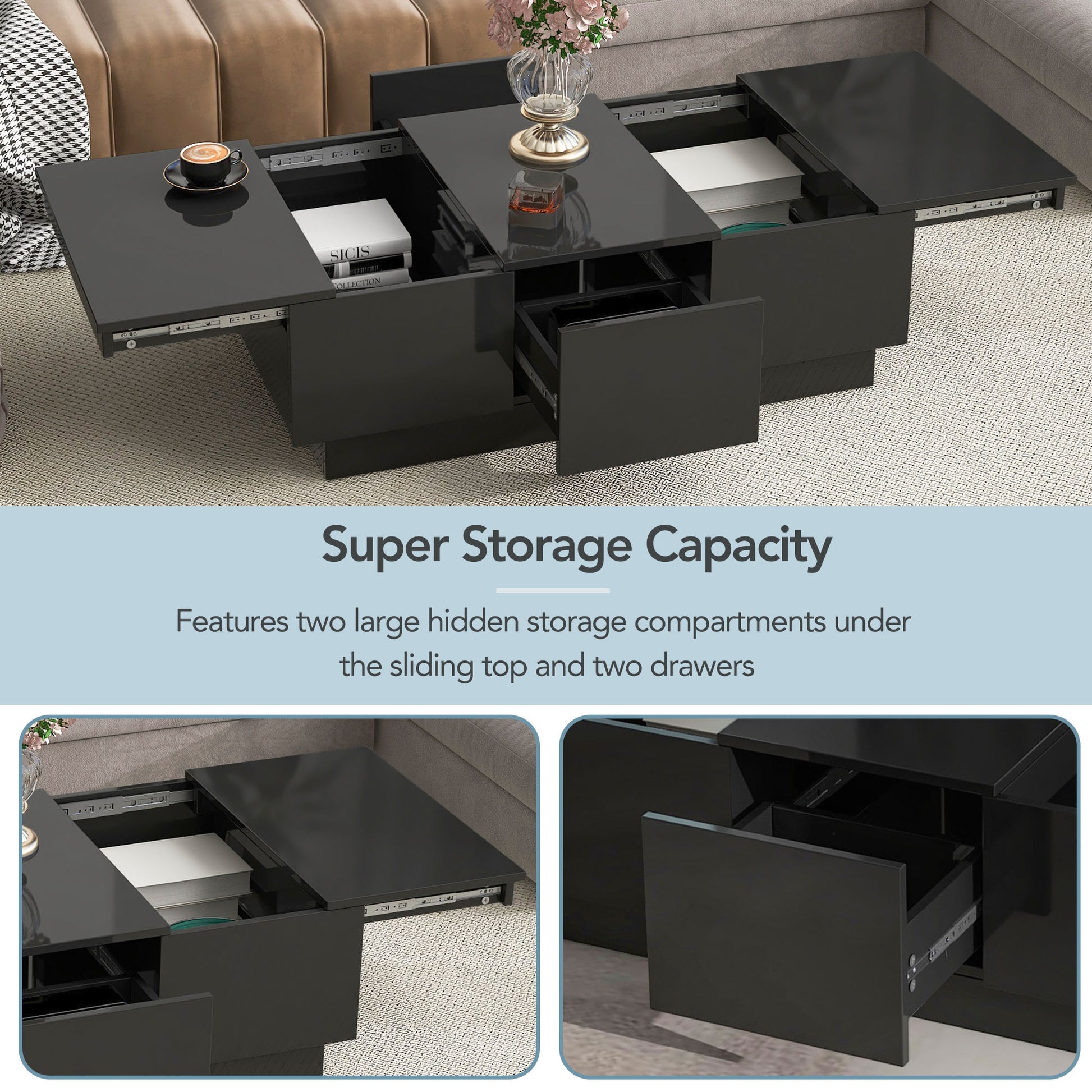 Coffee Table With 2 Large Hidden Storage Compartment, Extendable Cocktail Table With 2 Drawers, High Gloss Center Table With Sliding Top For Living Room, 39.3"X21.6", Black Black Soft Close Drawers Primary Living Space Contemporary Freestanding