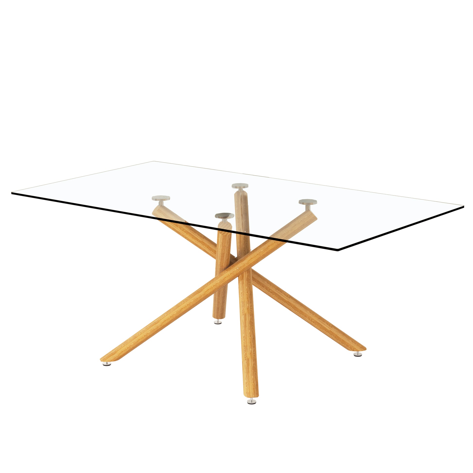 Large Modern Minimalist Rectangular Glass Dining Table For 6 8 With 0.39" Tempered Glass Tabletop And Wood Color Metal Legs, For Kitchen Dining Living Meeting Room Banquet Hall, 71" W X 39" D X 301537 Transparent Glass
