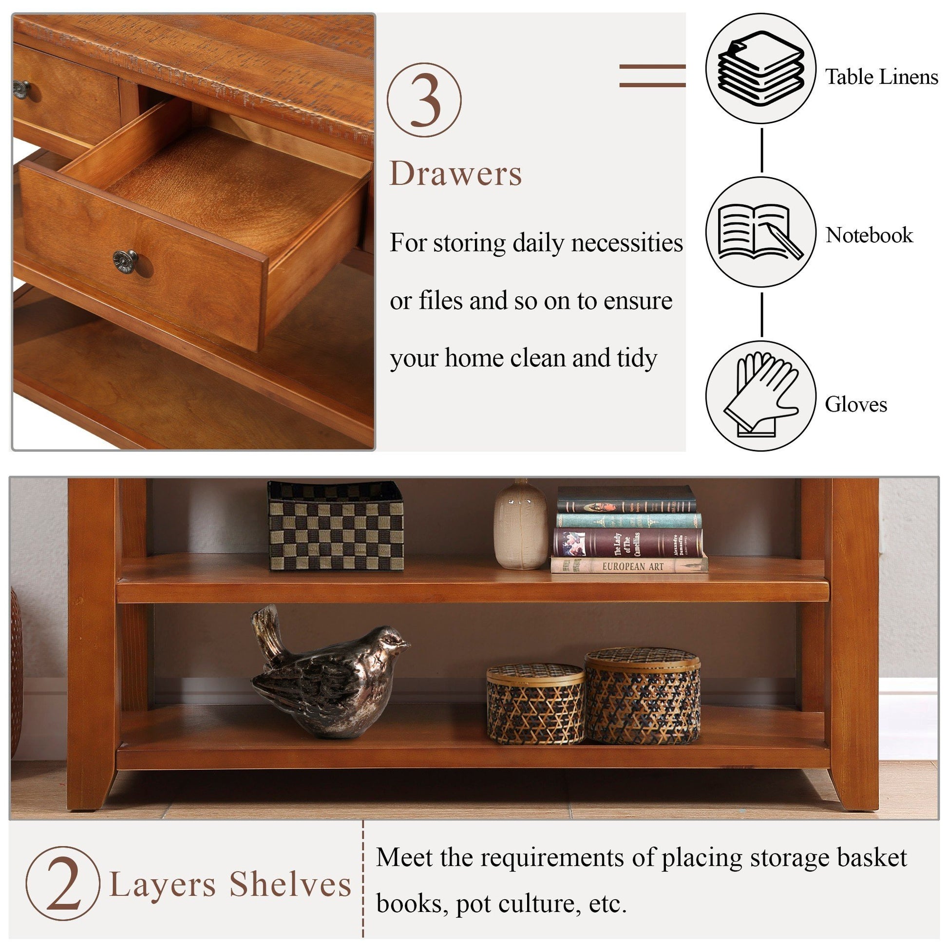 48'' Solid Pine Wood Top Console Table, Modern Entryway Sofa Side Table With 3 Storage Drawers And 2 Shelves. Easy To Assemble Brown Brown Pine