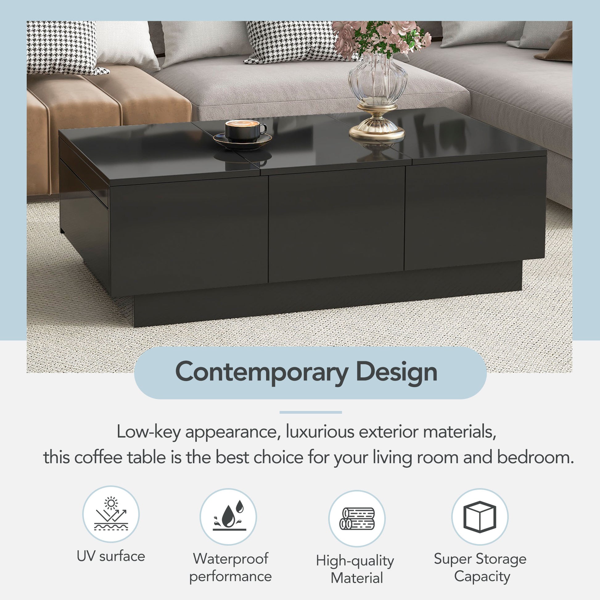 Coffee Table With 2 Large Hidden Storage Compartment, Extendable Cocktail Table With 2 Drawers, High Gloss Center Table With Sliding Top For Living Room, 39.3"X21.6", Black Black Soft Close Drawers Primary Living Space Contemporary Freestanding