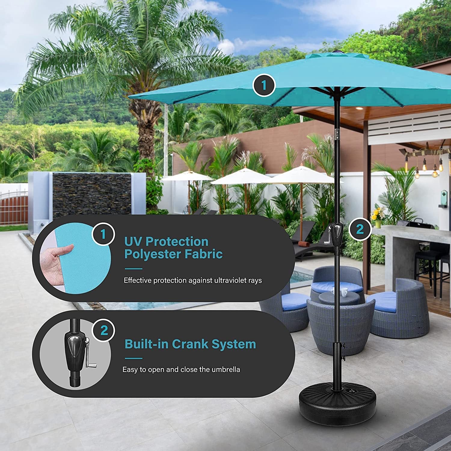 Simple Deluxe 9' Patio Umbrella Outdoor Table Market Yard Umbrella With Push Button Tilt Crank, 8 Sturdy Ribs For Garden, Deck, Backyard, Pool, Turquoise Turquoise Stainless Steel