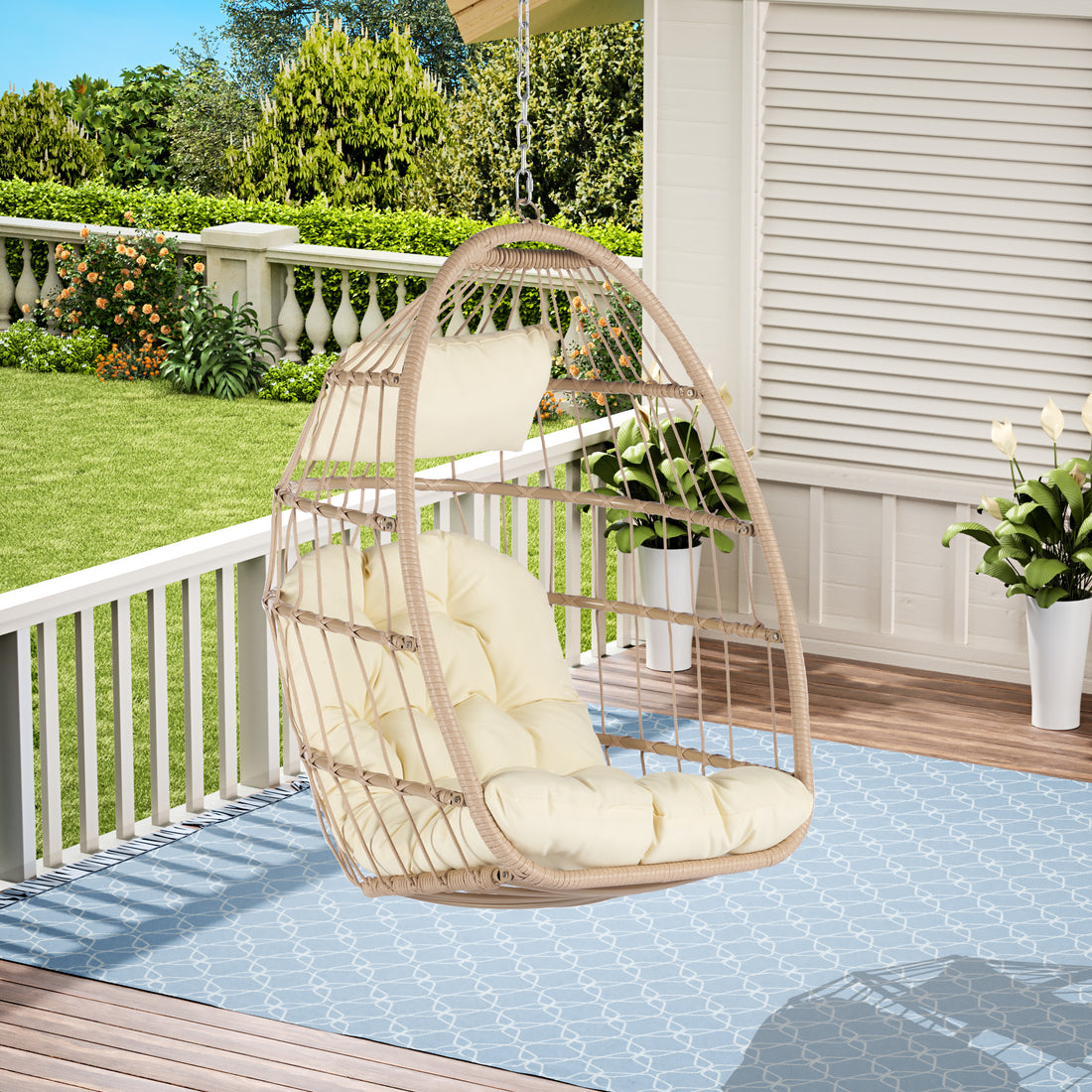 Outdoor Garden Rattan Egg Swing Chair Hanging Chair Wood Khaki Yes Sectional Khaki Uv Resistant Frame Water Resistant Cushion Garden & Outdoor American Design Complete Patio Sets Polypropylene