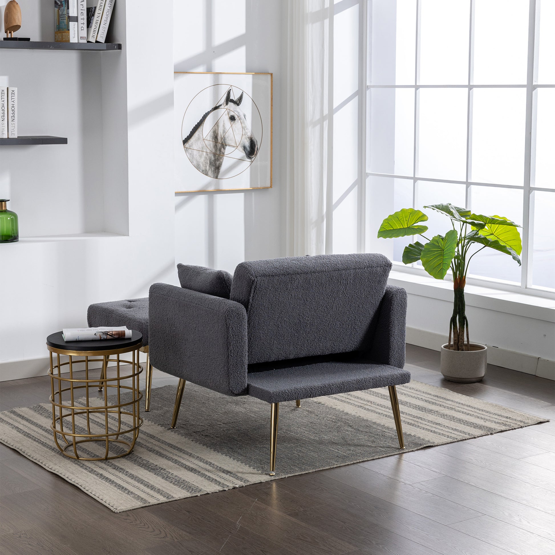 36.61'' Wide Modern Accent Chair With 3 Positions Adjustable Backrest, Tufted Chaise Lounge Chair, Single Recliner Armchair With Ottoman And Gold Legs For Living Room, Bedroom Gray Gray Foam Sherpa