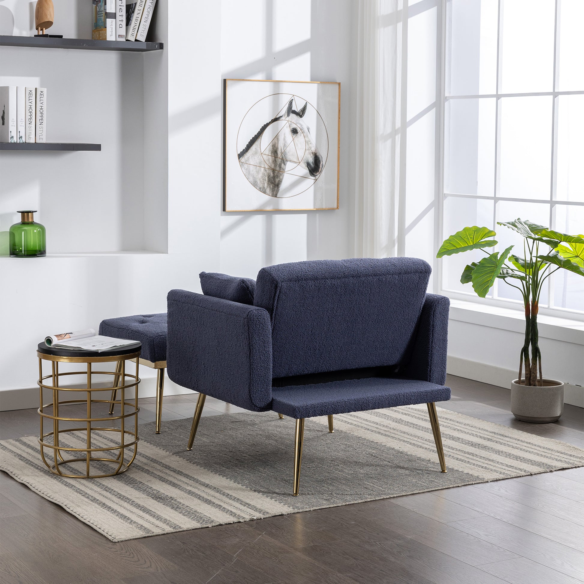 36.61'' Wide Modern Accent Chair With 3 Positions Adjustable Backrest, Tufted Chaise Lounge Chair, Single Recliner Armchair With Ottoman And Gold Legs For Living Room, Bedroom Navy Navy Foam Sherpa