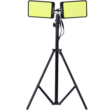 Led Work Light With Stand, 11200 Lumen Dual Head Tripod Lights Construction, Outdoor Construction Light Stand Portable Stand Work Light With Remote, Waterproof Versatility Light For Jobsite Backyard Black Metal