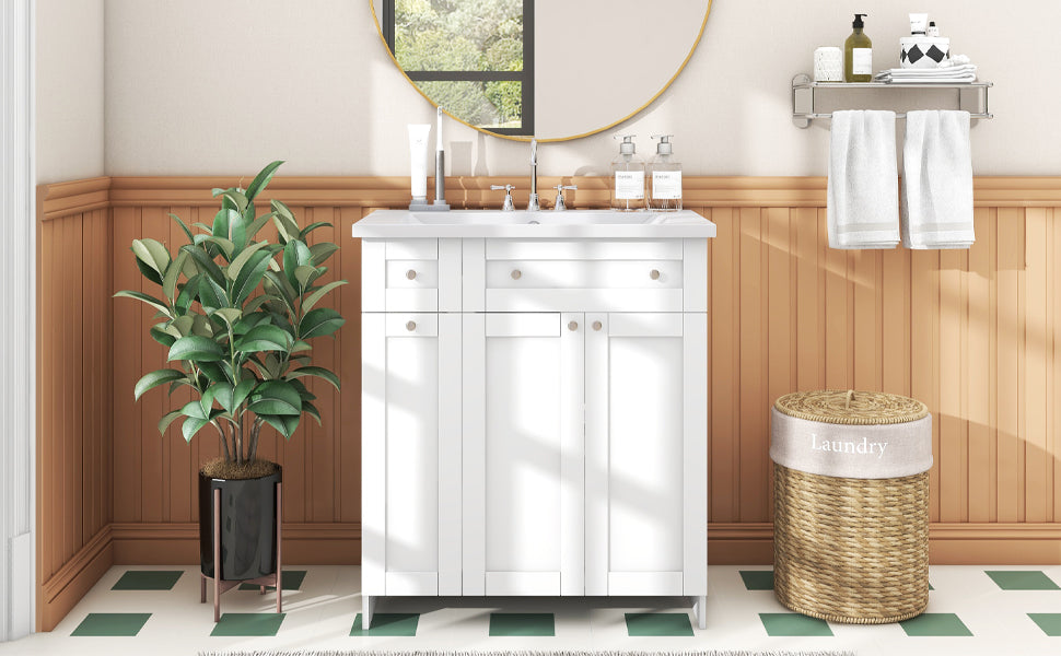 30 Inch White Bathroom Vanity With Ceramic Sink Combo, Abundant Storage Cabinet 2 Soft Close Doors And Double Tier Deep Drawer White Bathroom Mdf