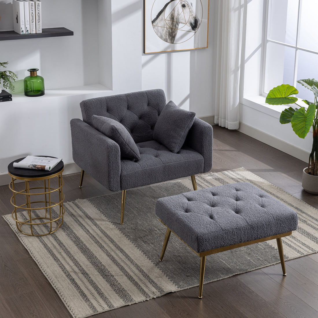 36.61'' Wide Modern Accent Chair With 3 Positions Adjustable Backrest, Tufted Chaise Lounge Chair, Single Recliner Armchair With Ottoman And Gold Legs For Living Room, Bedroom Gray Gray Foam Sherpa