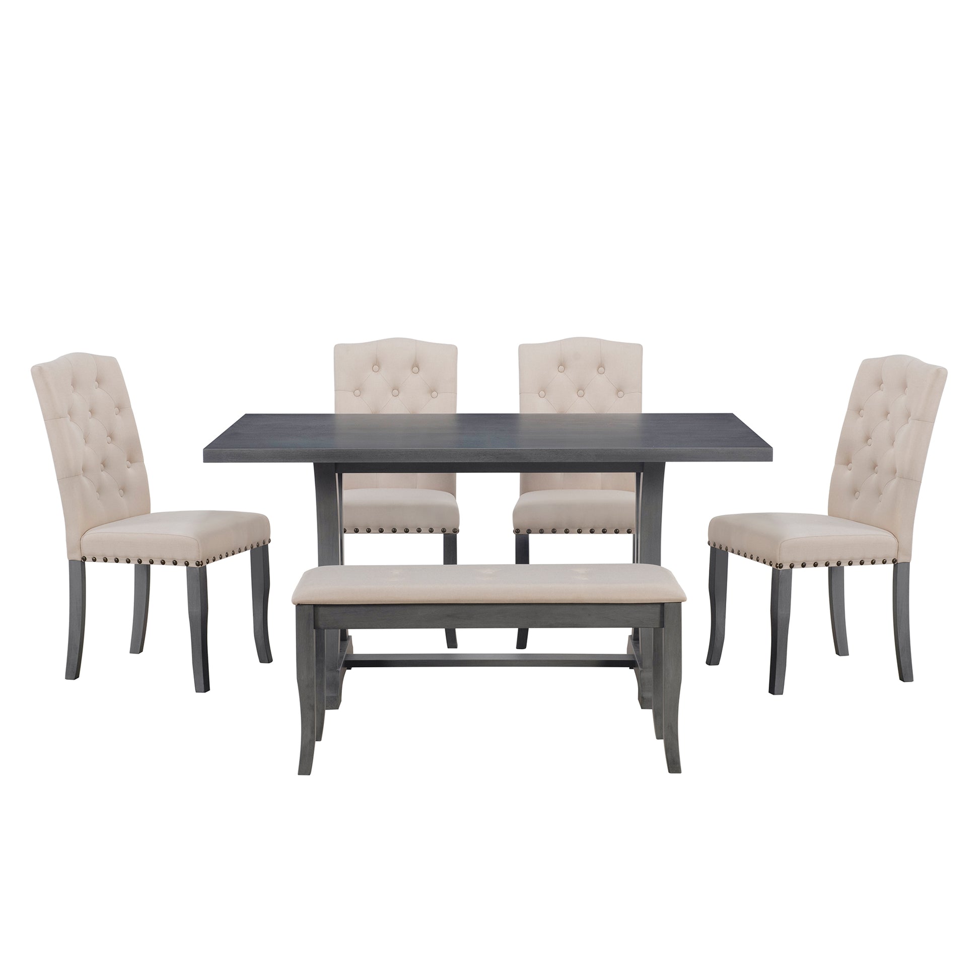 6 Piece Farmhouse Dining Table Set, Rectangular Trestle Table And 4 Upholstered Chairs & Bench For Dining Room Antique Gray Antique Gray Solid Wood