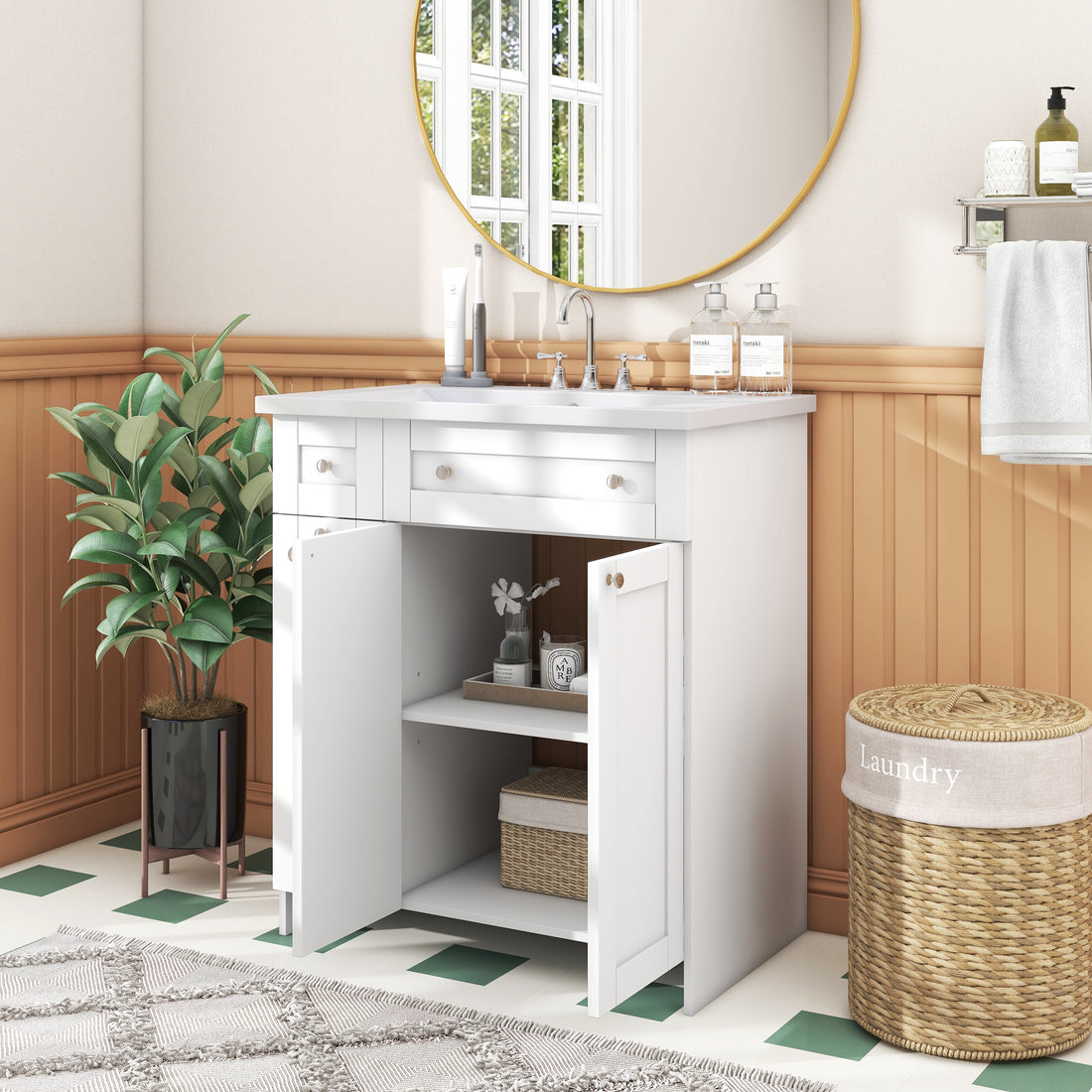 30 Inch White Bathroom Vanity With Ceramic Sink Combo, Abundant Storage Cabinet 2 Soft Close Doors And Double Tier Deep Drawer White Bathroom Mdf