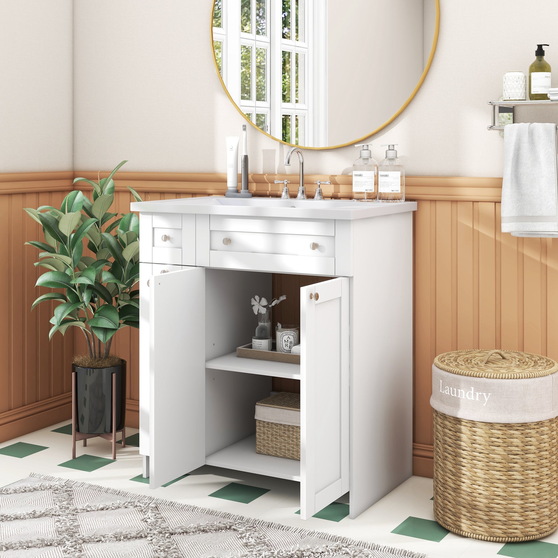 30 Inch White Bathroom Vanity With Ceramic Sink Combo, Abundant Storage Cabinet 2 Soft Close Doors And Double Tier Deep Drawer White Bathroom Mdf