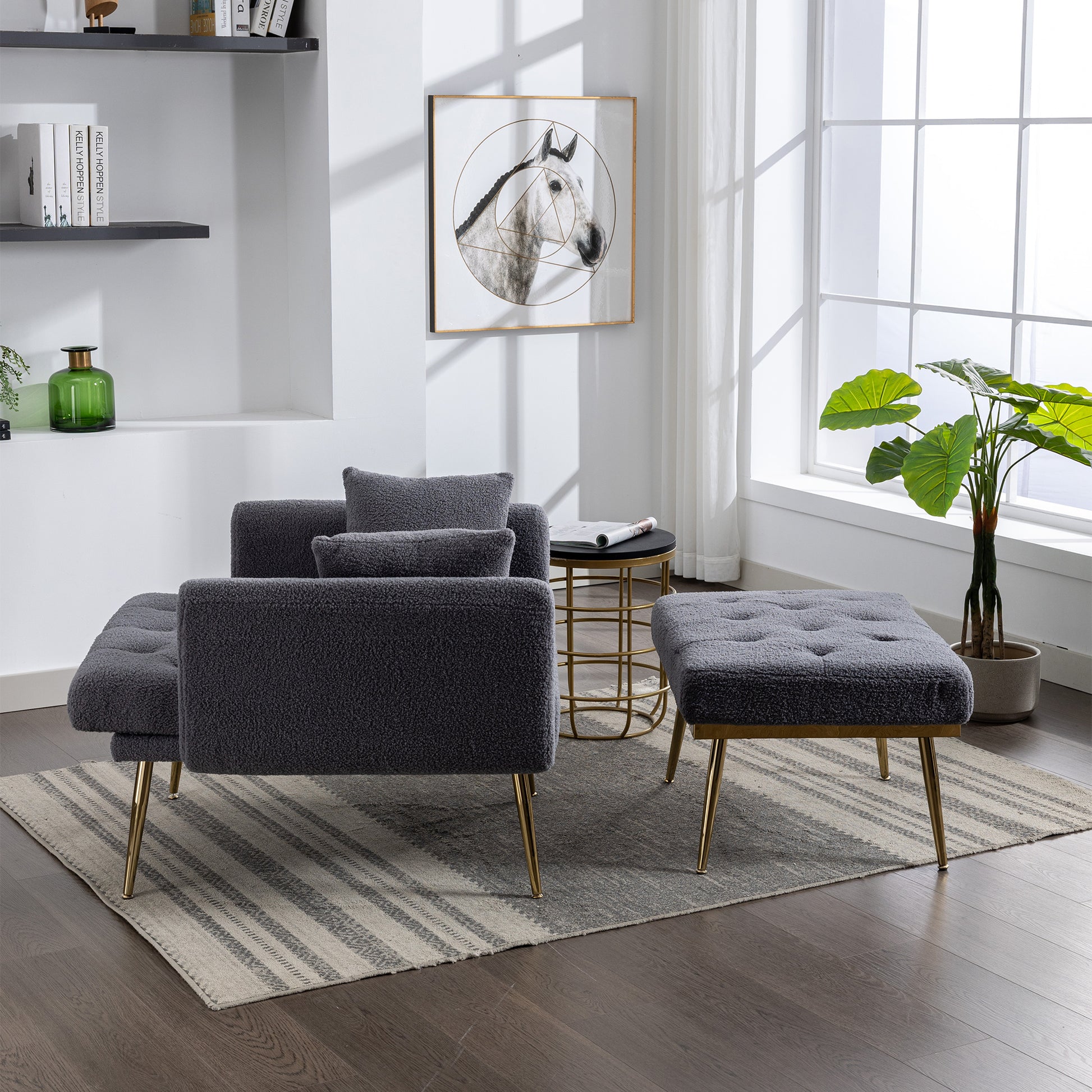 36.61'' Wide Modern Accent Chair With 3 Positions Adjustable Backrest, Tufted Chaise Lounge Chair, Single Recliner Armchair With Ottoman And Gold Legs For Living Room, Bedroom Gray Gray Foam Sherpa