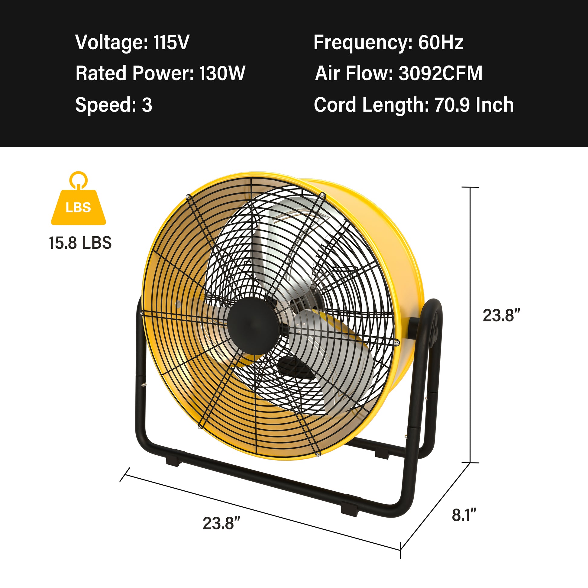 Simple Deluxe 20 Inch Heavy Duty Metal Industrial Drum Fan, 3 Speed Floor Fan For Warehouse, Workshop, Factory And Basement High Velocity, Yellow Yellow Metal