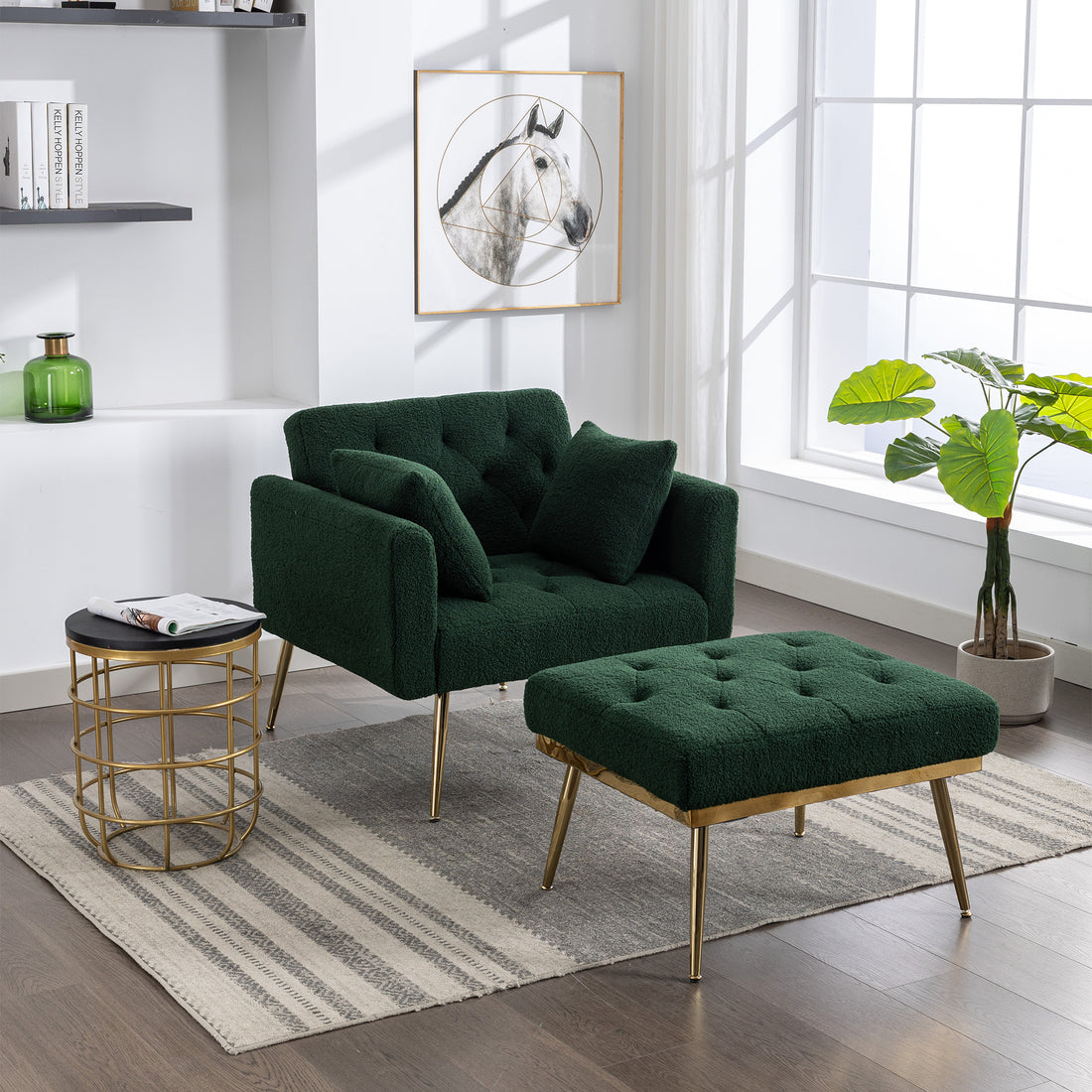 36.61'' Wide Modern Accent Chair With 3 Positions Adjustable Backrest, Tufted Chaise Lounge Chair, Single Recliner Armchair With Ottoman And Gold Legs For Living Room, Bedroom Green Green Foam Sherpa