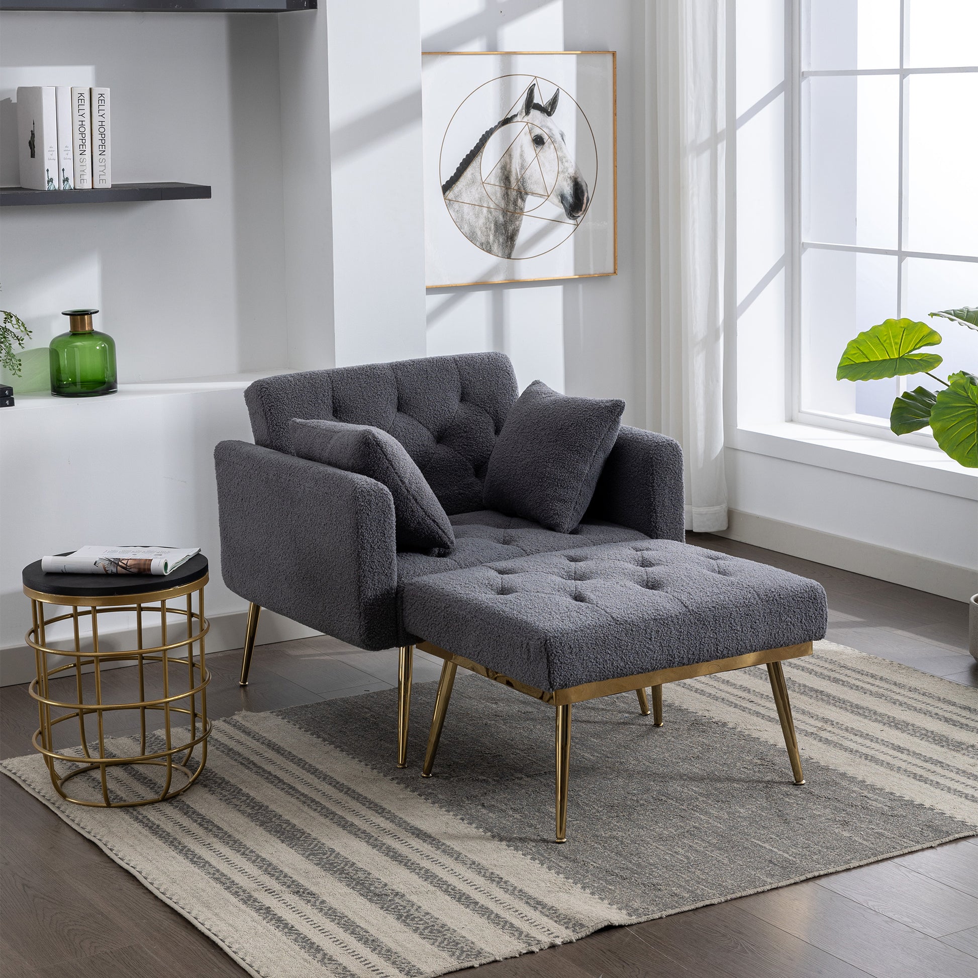 36.61'' Wide Modern Accent Chair With 3 Positions Adjustable Backrest, Tufted Chaise Lounge Chair, Single Recliner Armchair With Ottoman And Gold Legs For Living Room, Bedroom Gray Gray Foam Sherpa