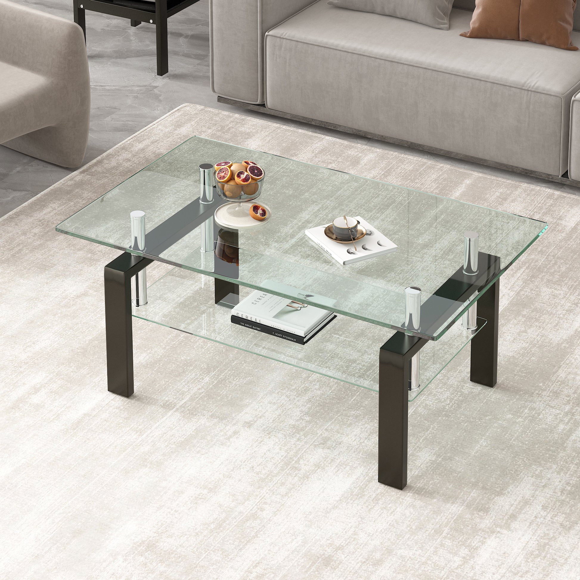 Tempered Clear Glass Coffee Table, 2 Layers Coffee Table Living Room Center Table Transparent Glass