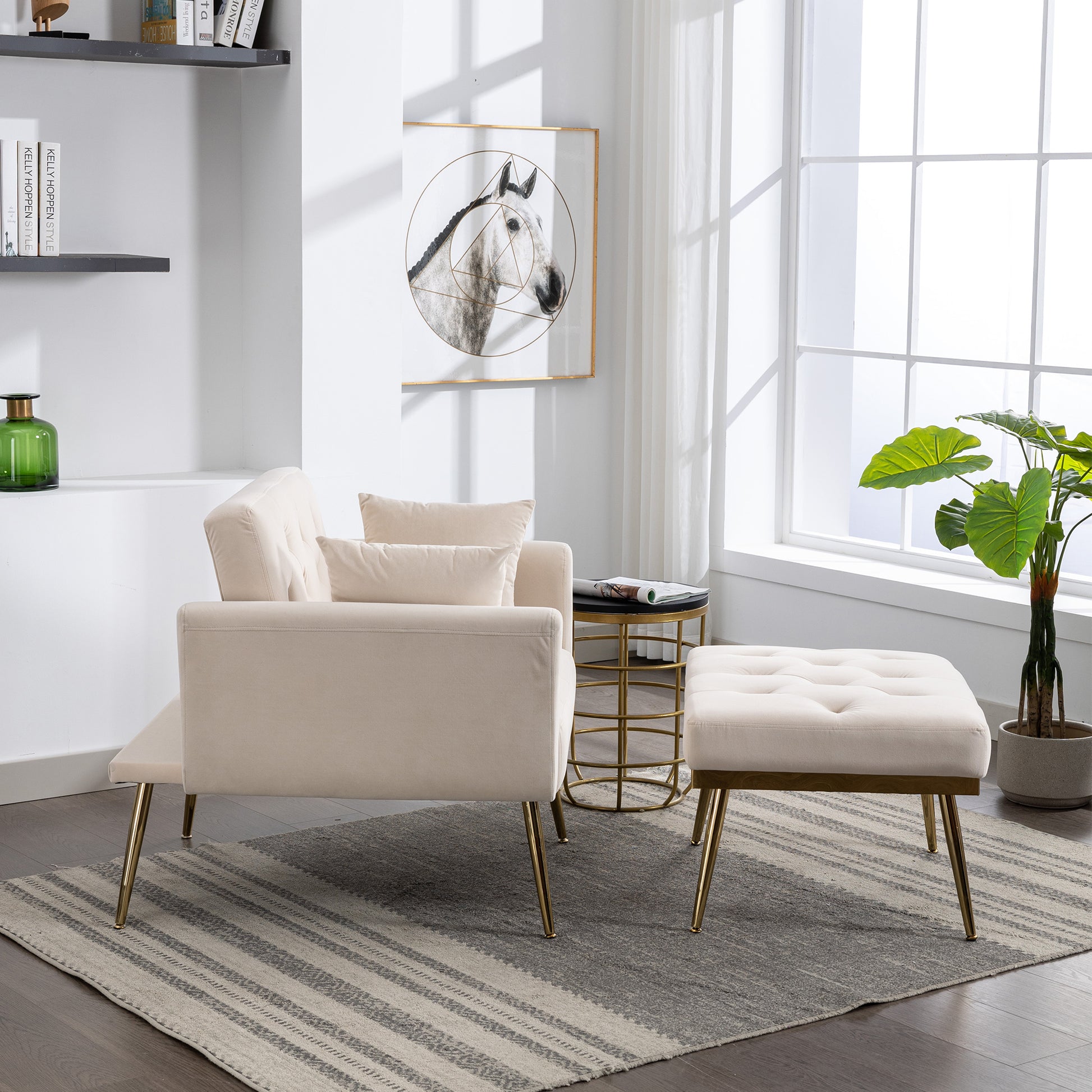 36.61'' Wide Modern Accent Chair With 3 Positions Adjustable Backrest, Tufted Chaise Lounge Chair, Single Recliner Armchair With Ottoman And Gold Legs For Living Room, Bedroom Beige Beige Foam Velvet