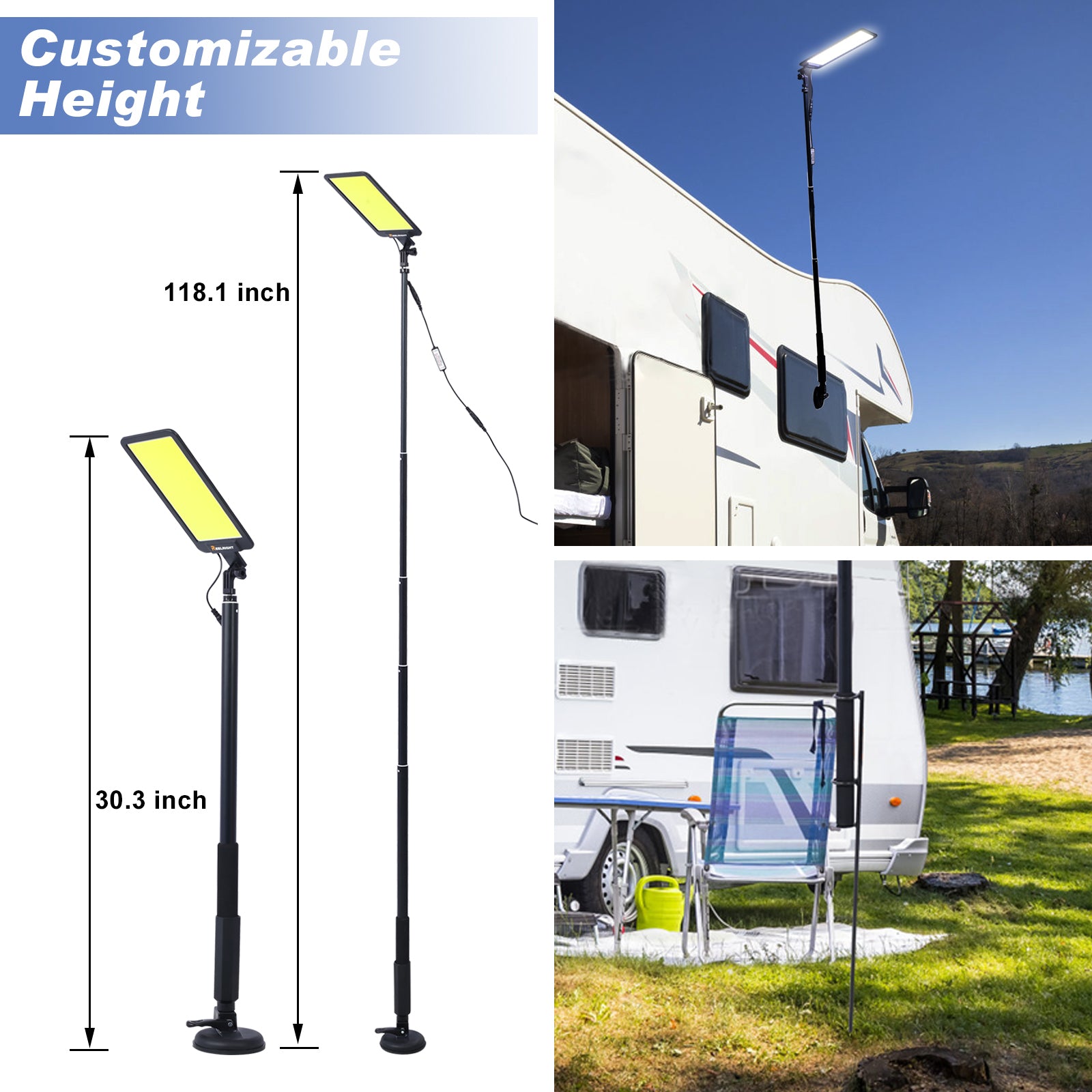 Led Camping Light, 12V 10000 Lumen Super Bright Portable Outdoor Lights With Telescoping Pole Suction Cup Magnetic Base, Flood Lamp For Outdoors Camp, Fishing, Picnic, Bbq, Power Failure Black Metal