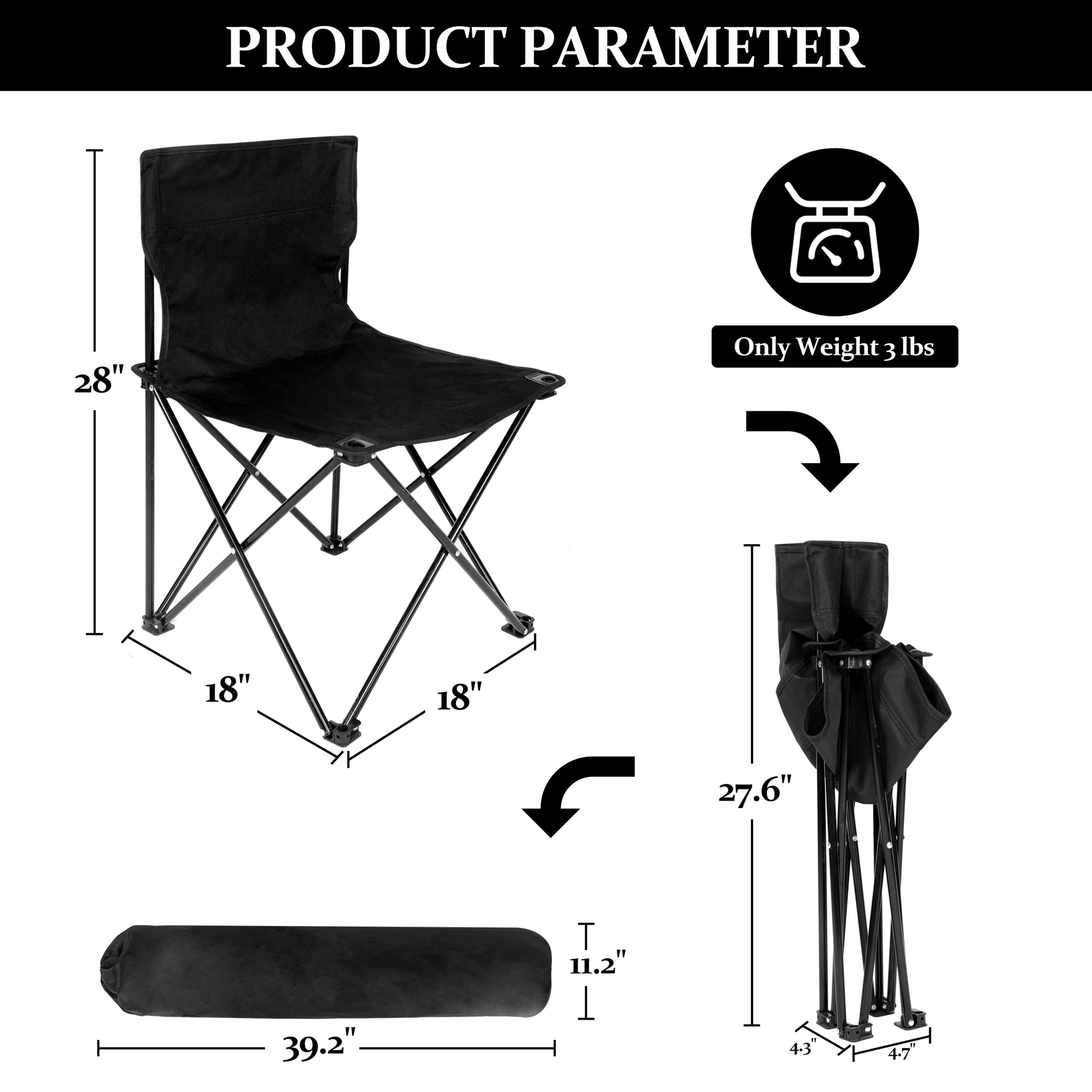 Yssoa Portable Folding Camping Chair With Carry Bag For Adults, Collapsible Anti Slip Padded Oxford Cloth Stool For Beach, Hiking, Fishing, Gardening, Picnic Color: Black, Size: Large Black Metal