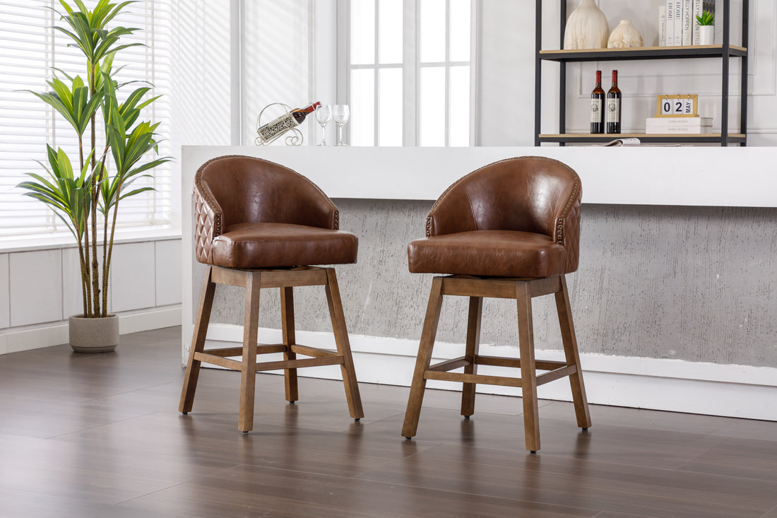Coolmore Bar Stools Set Of 2 Counter Height Chairs With Footrest For Kitchen, Dining Room And 360 Degree Swivel Brown Pu Pu Leather