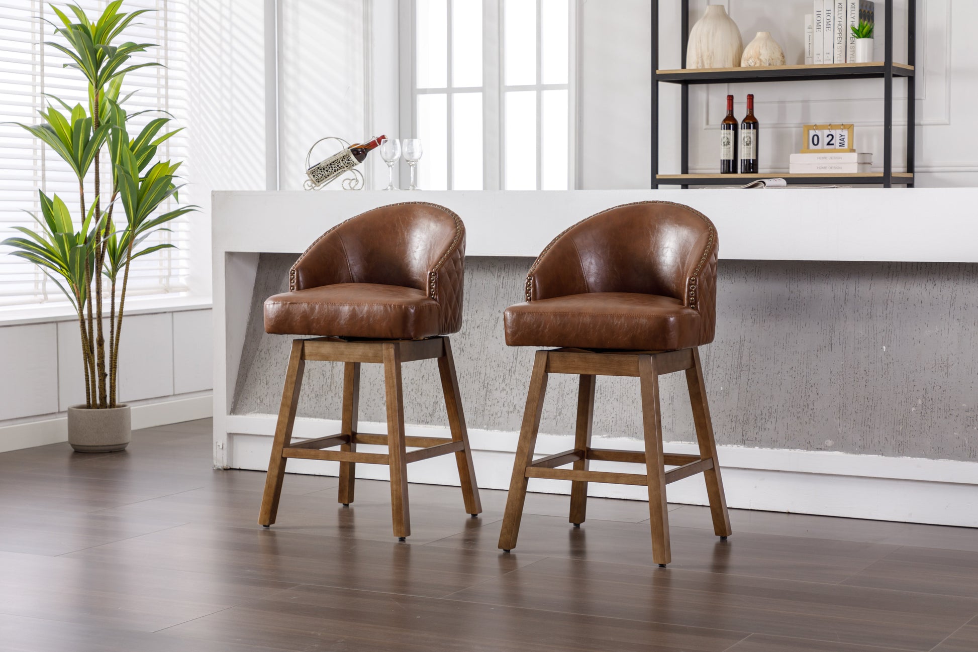 Coolmore Bar Stools Set Of 2 Counter Height Chairs With Footrest For Kitchen, Dining Room And 360 Degree Swivel Brown Pu Pu Leather