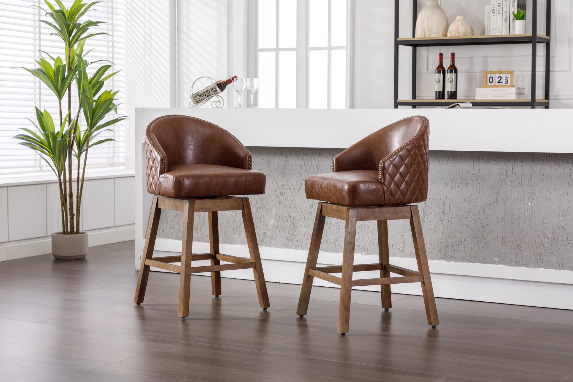 Coolmore Bar Stools Set Of 2 Counter Height Chairs With Footrest For Kitchen, Dining Room And 360 Degree Swivel Brown Pu Pu Leather