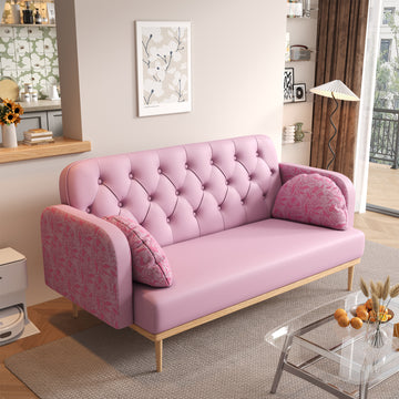 Loveseat Sofa With Tulip Pattern Modern Upholstered Two Seater Pu Sofa With 2 Dumpling Shaped Throw Pillows With Tulip Patterns Light Pink Tech Cloth Solid Wood 2 Seat