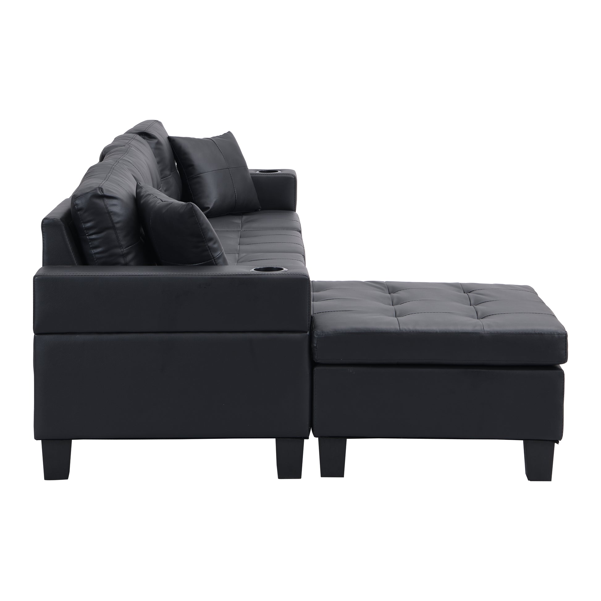 Sectional Sofa Set For Living Room With L Shape Chaise Lounge ,Cup Holder And Left Or Right Hand Chaise Modern 4 Seat Black Black Wood 4 Seat
