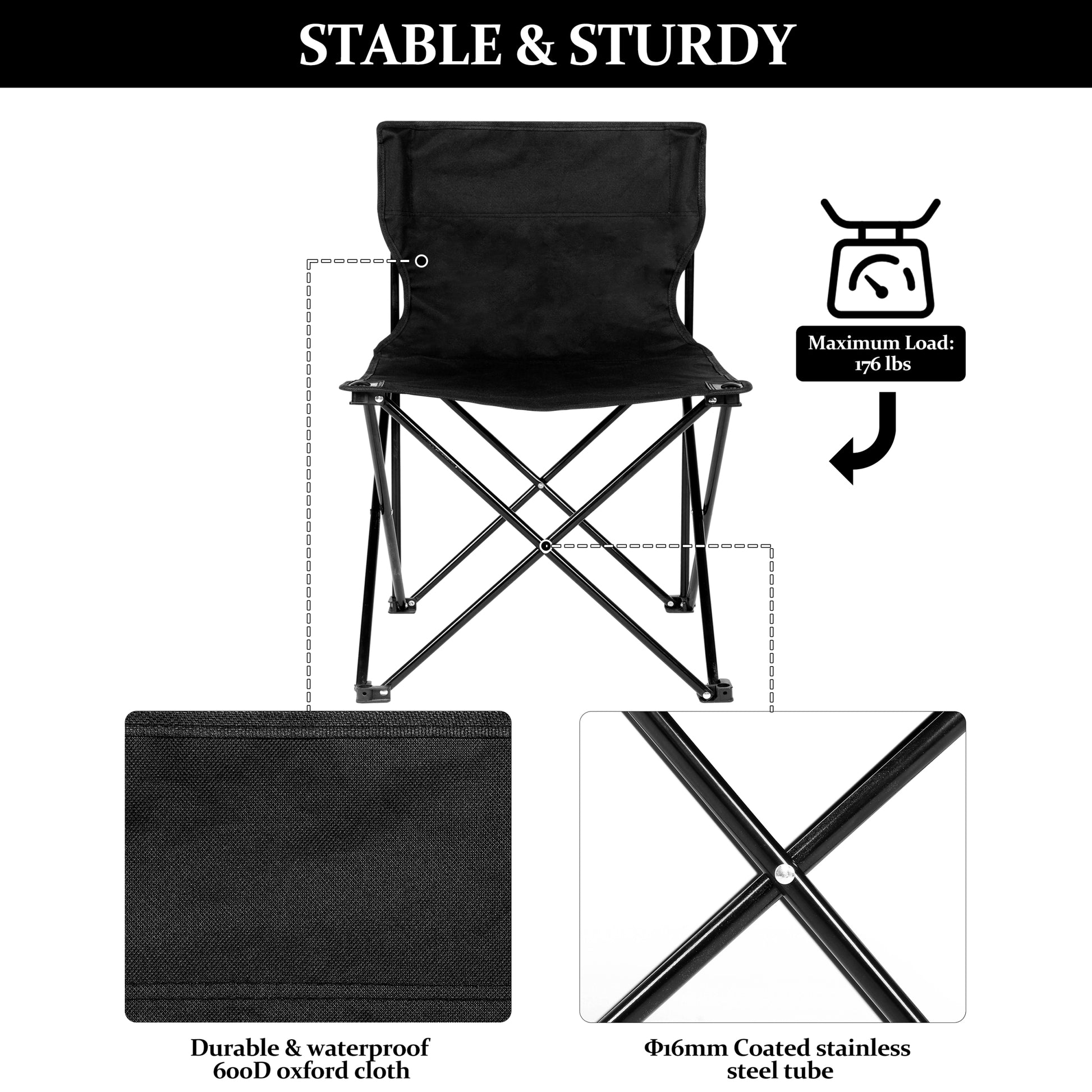 Yssoa Portable Folding Camping Chair With Carry Bag For Adults, Collapsible Anti Slip Padded Oxford Cloth Stool For Beach, Hiking, Fishing, Gardening, Picnic Color: Black, Size: Large Black Metal