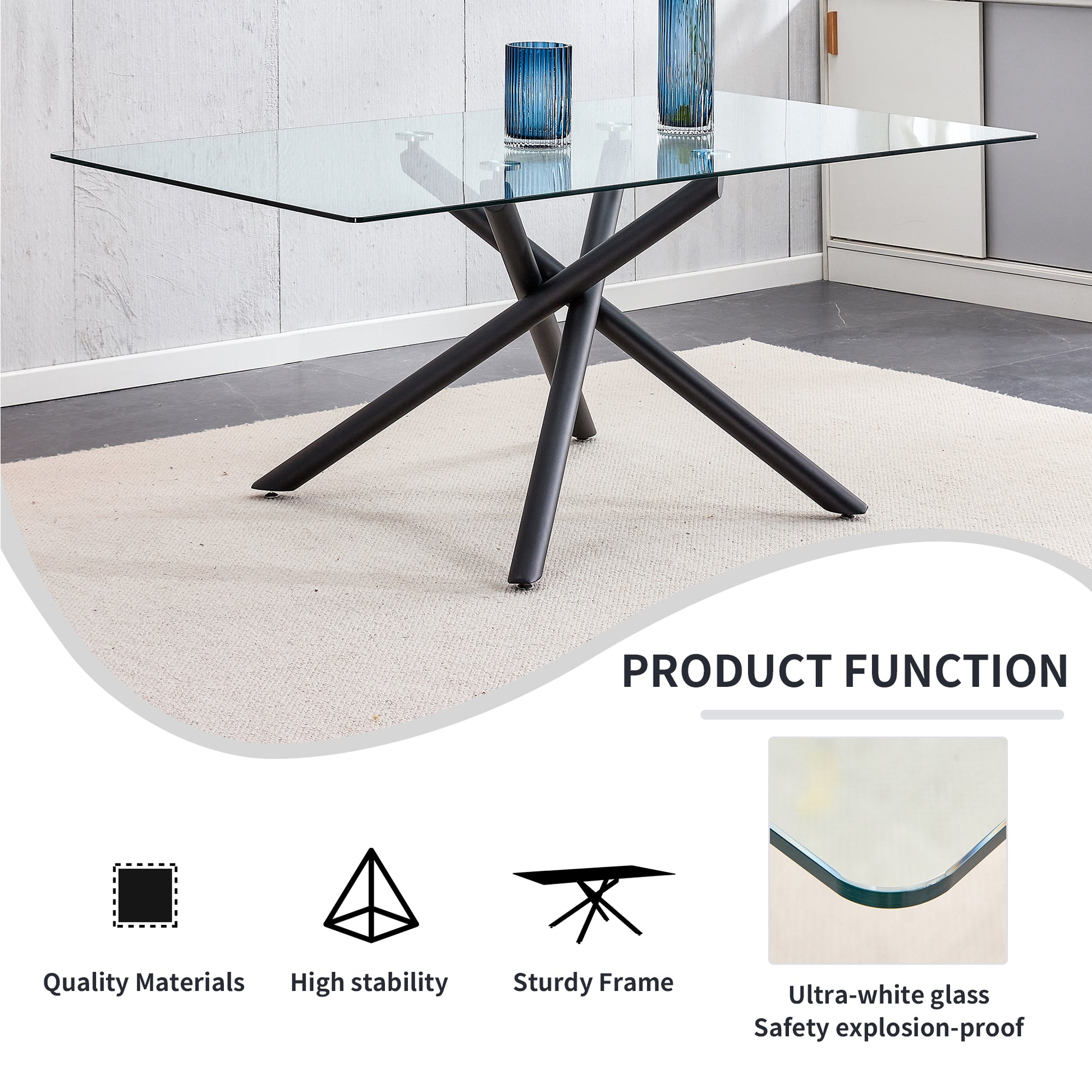 Large Modern Minimalist Rectangular Glass Dining Table For 6 8 With 0.39" Tempered Glass Tabletop And Black Color Metal Legs, For Kitchen Dining Living Meeting Room Banquet Hall,71" W X 39" D X 301537 Black Glass