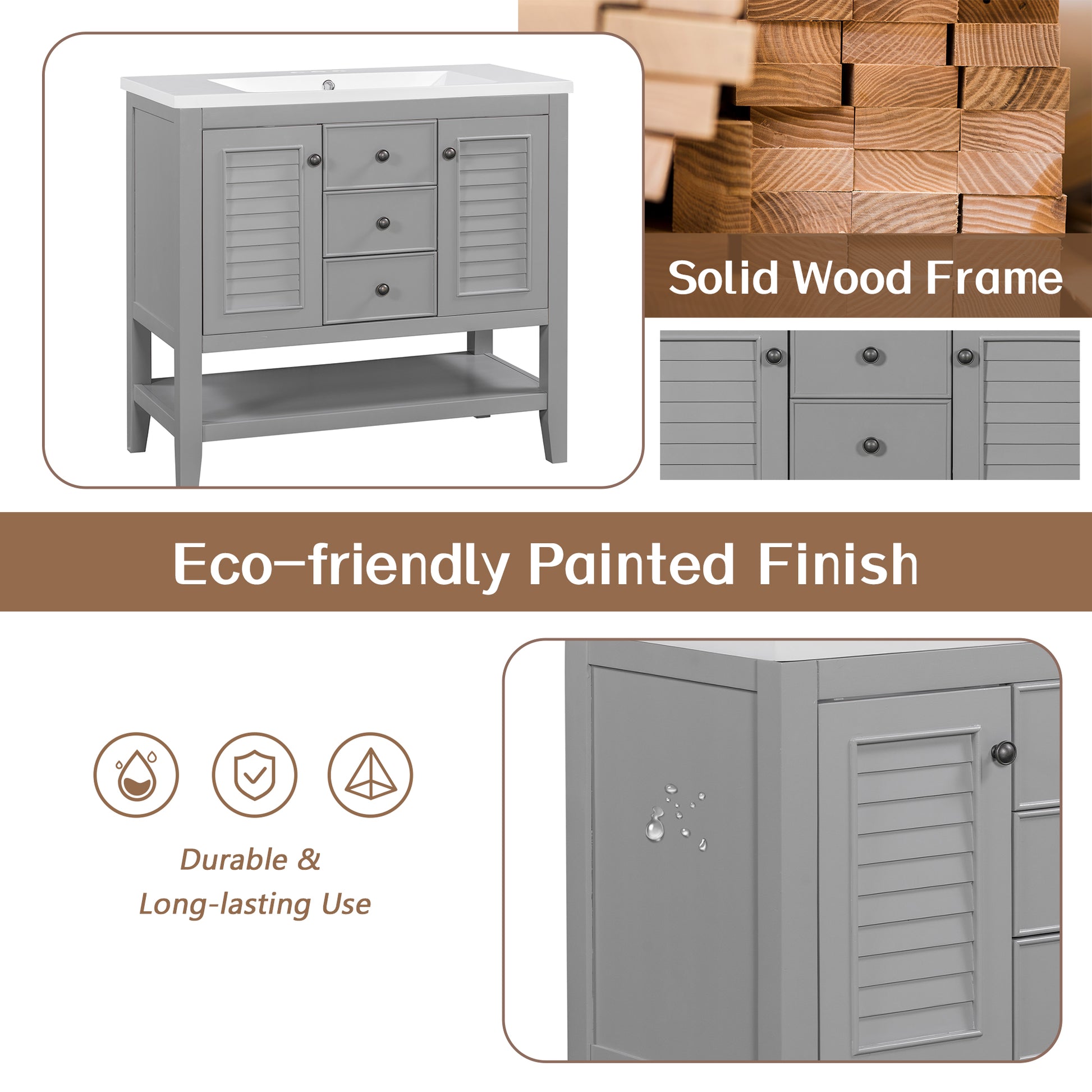 36" Bathroom Vanity With Ceramic Basin, Two Cabinets And Drawers, Open Shelf, Solid Wood Frame, Grey Old Sku: Sy999101Aae 1 Grey Solid Wood Mdf