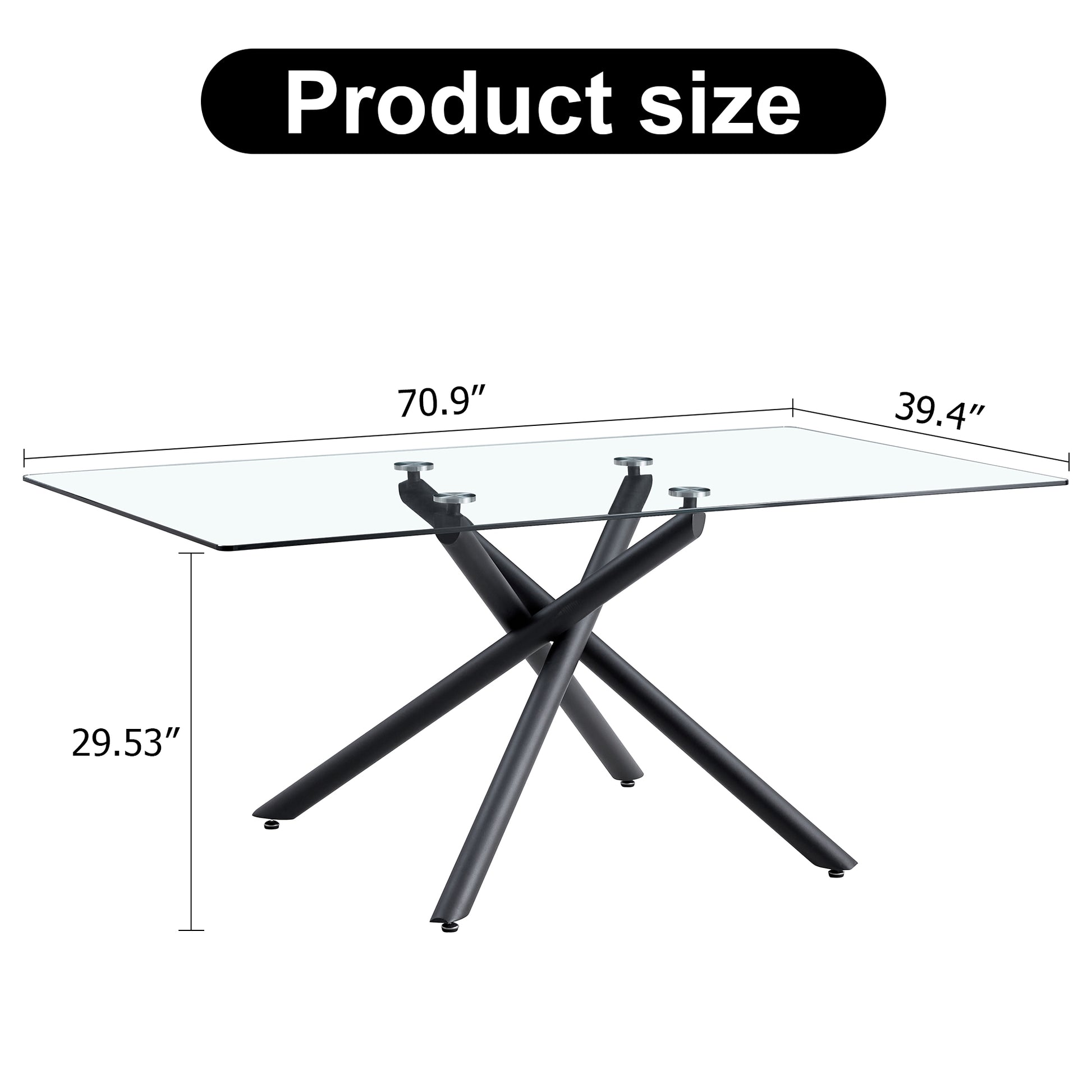 Large Modern Minimalist Rectangular Glass Dining Table For 6 8 With 0.39" Tempered Glass Tabletop And Black Color Metal Legs, For Kitchen Dining Living Meeting Room Banquet Hall,71" W X 39" D X 301537 Black Glass