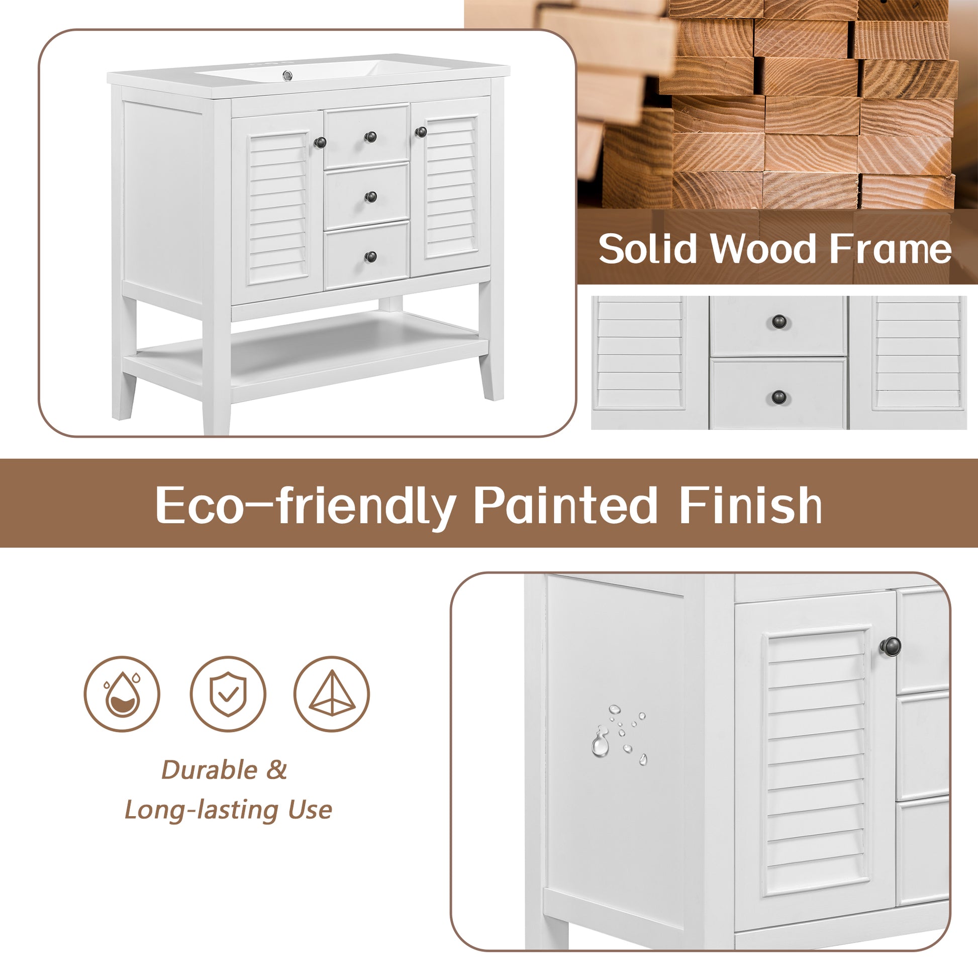 36" Bathroom Vanity With Ceramic Basin, Two Cabinets And Drawers, Open Shelf, Solid Wood Frame, White Old Sku: Sy999101Aak White Solid Wood Mdf