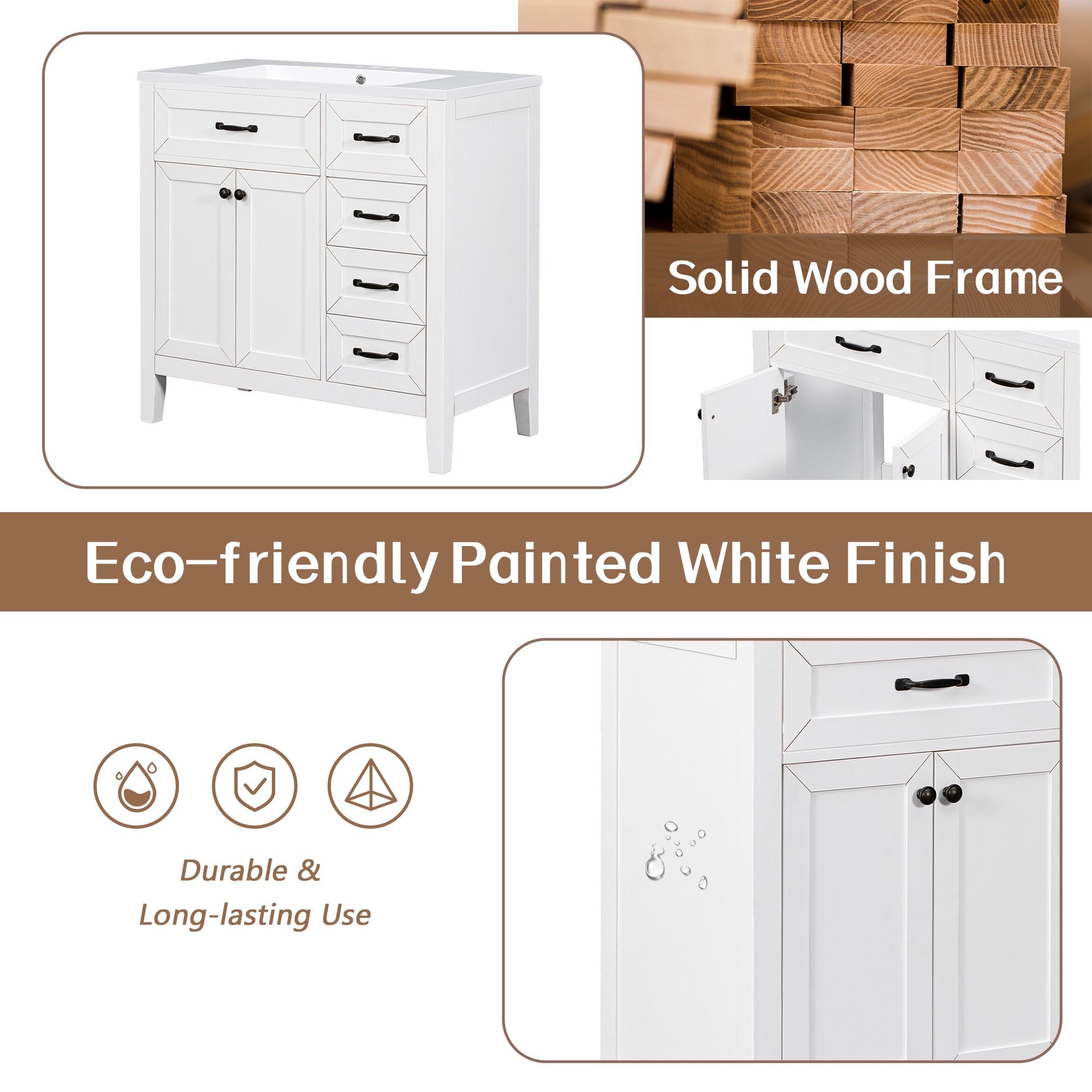 36" Bathroom Vanity With Sink Combo, White Bathroom Cabinet With Drawers, Solid Frame And Mdf Board Old Sku:Jl000007Aak White Solid Wood Mdf