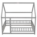 Full Size Floor Wooden Bed With House Roof Frame, Fence Guardrails ,Grey Full Grey Pine
