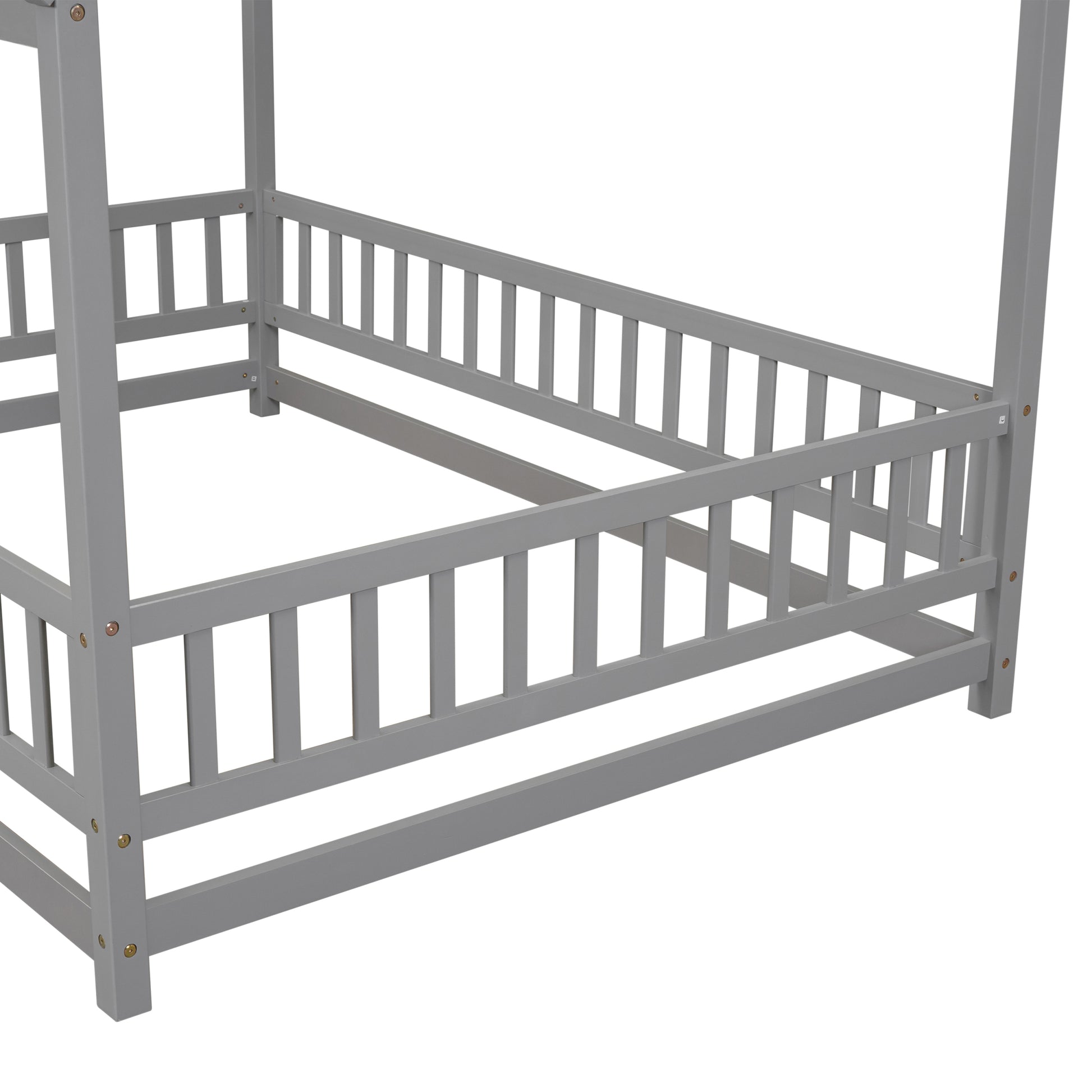 Full Size Floor Wooden Bed With House Roof Frame, Fence Guardrails ,Grey Full Grey Pine