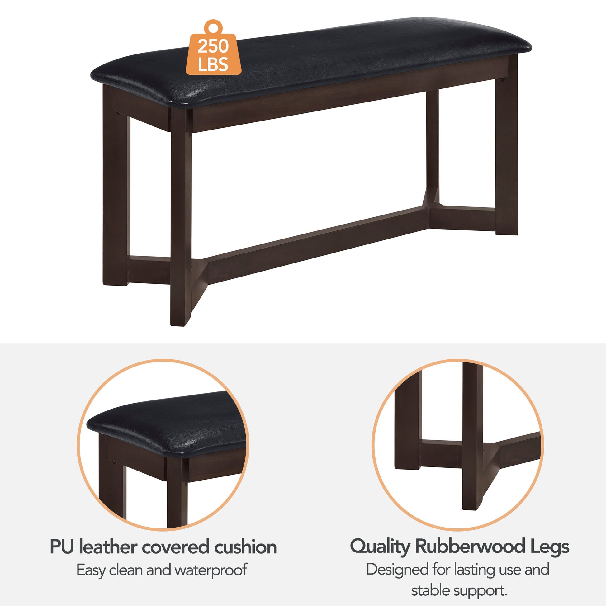 Farmhouse 6 Piece Wood Dining Table Set With 4 Upholstered Chairs And Bench, Dark Brown Brown Wood Dining Room Bench Seating Rubberwood Rectangular Dining Table With Chair And Bench Upholstered Chair Wood Dark Brown Solid Back Seats 6 Farmhouse Trestle