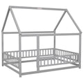 Full Size Floor Wooden Bed With House Roof Frame, Fence Guardrails ,Grey Full Grey Pine
