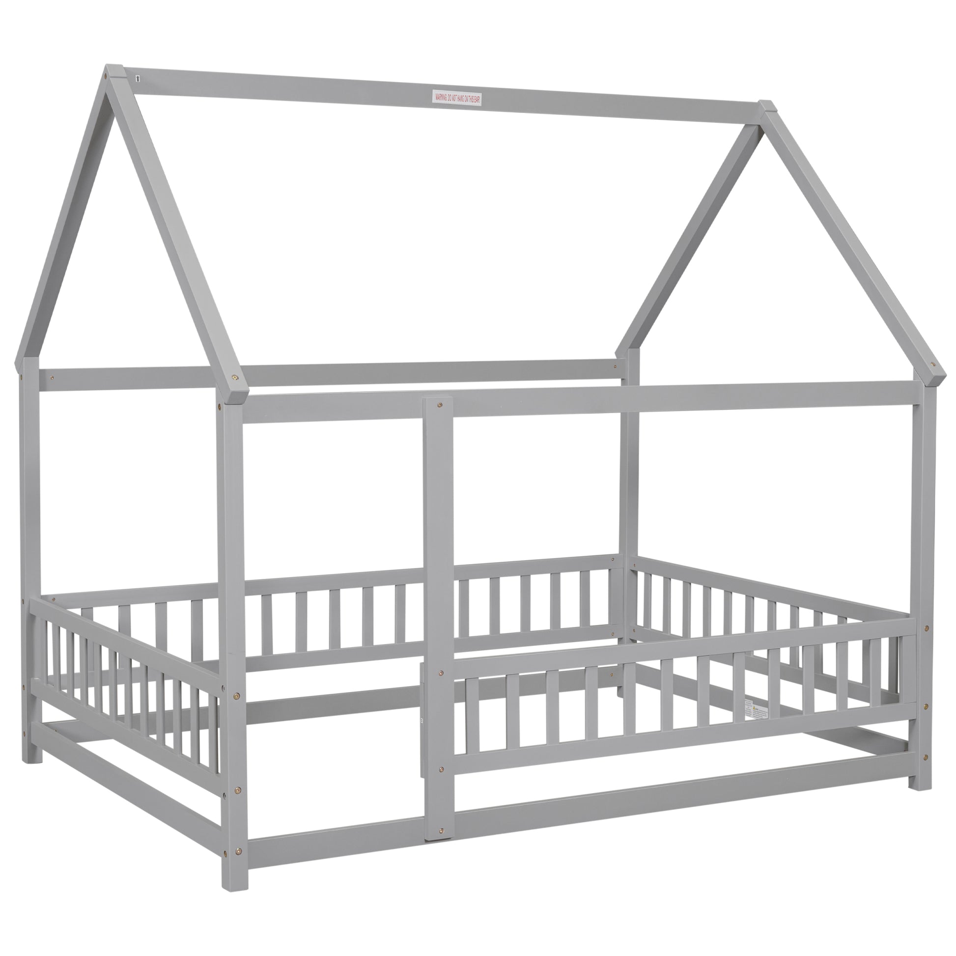 Full Size Floor Wooden Bed With House Roof Frame, Fence Guardrails ,Grey Full Grey Pine