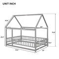 Full Size Floor Wooden Bed With House Roof Frame, Fence Guardrails ,Grey Full Grey Pine