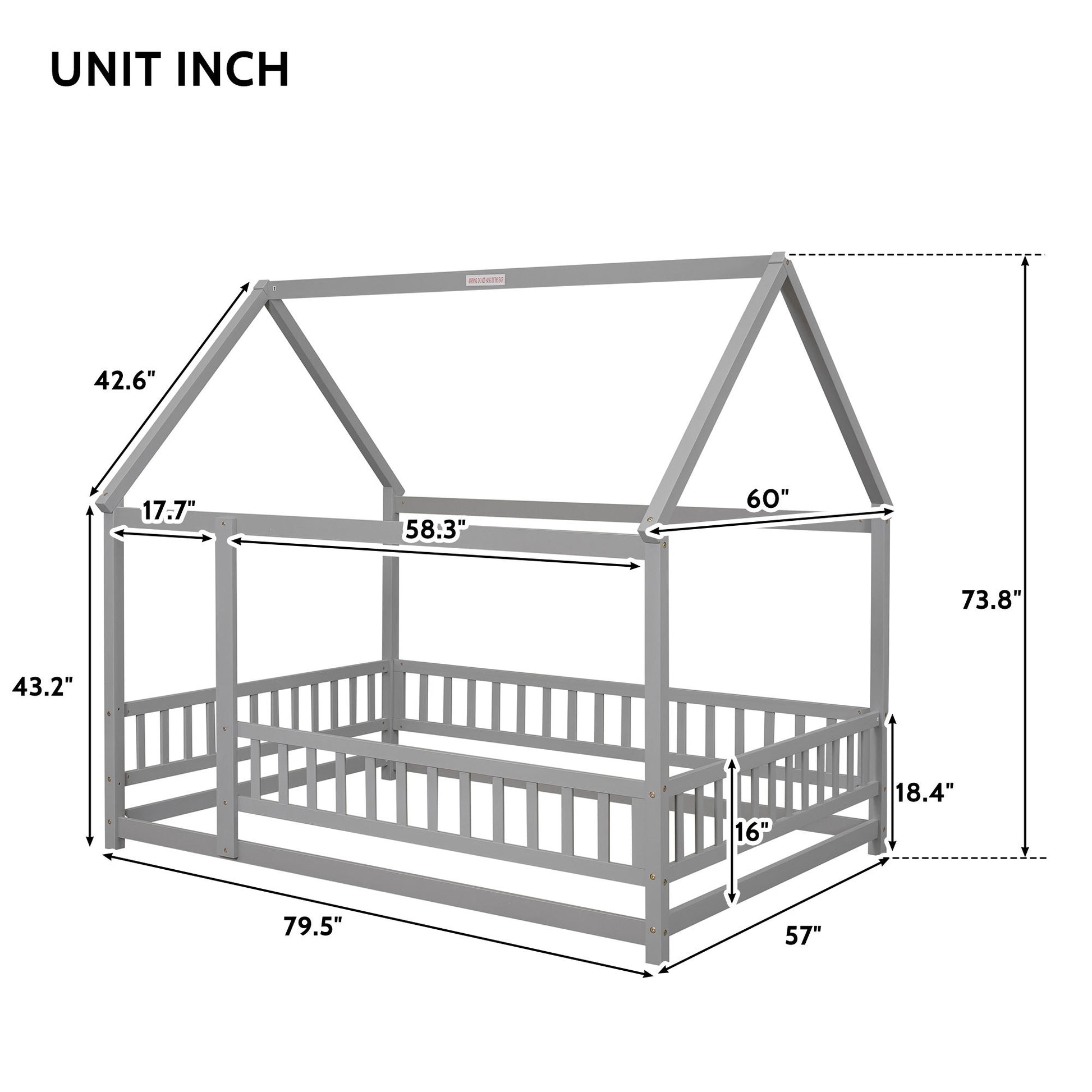 Full Size Floor Wooden Bed With House Roof Frame, Fence Guardrails ,Grey Full Grey Pine