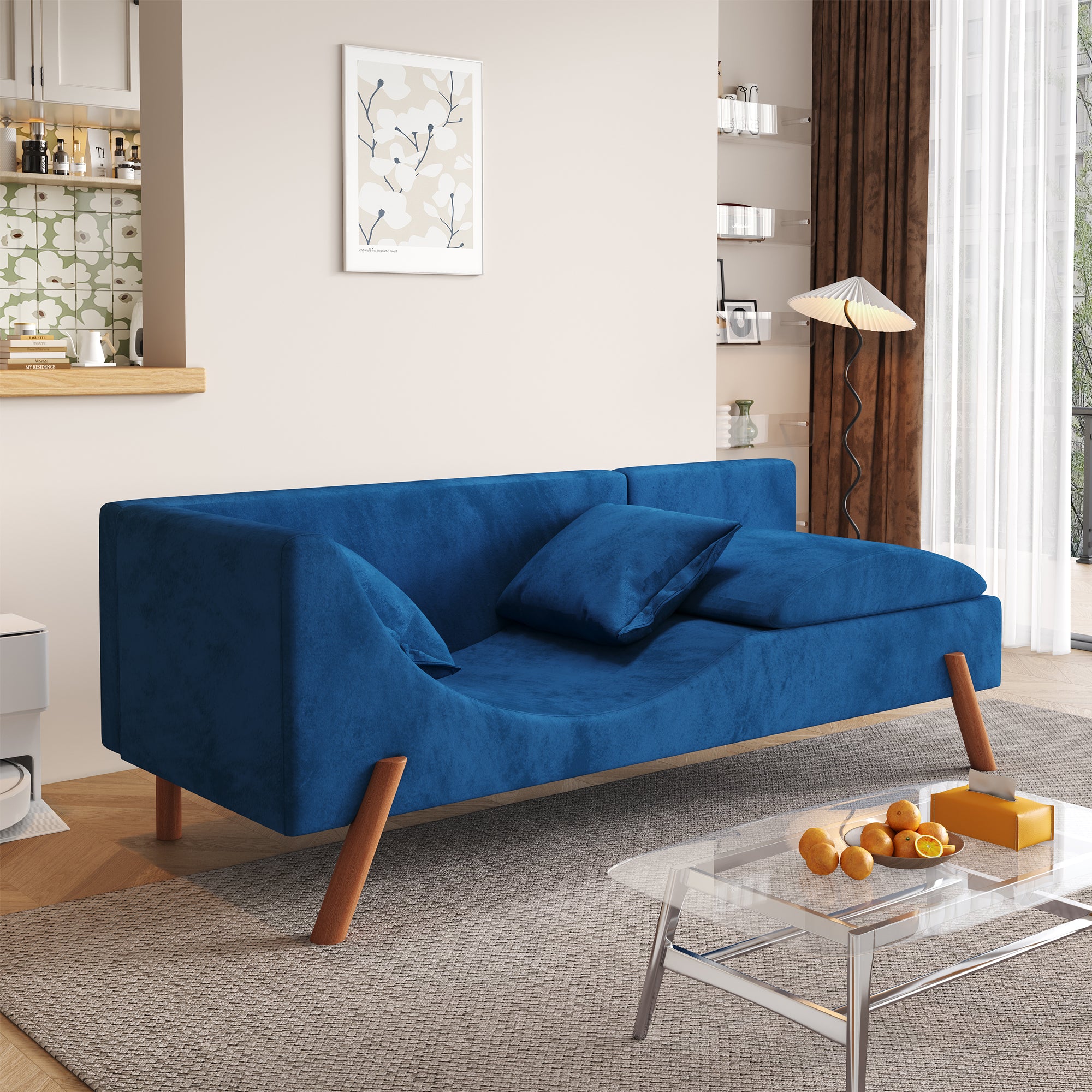 Cut And Fill Chaise Longue, Convertible Multifunctional Seat Sofa Blue Blue Velvet Solid Wood 2 Seat