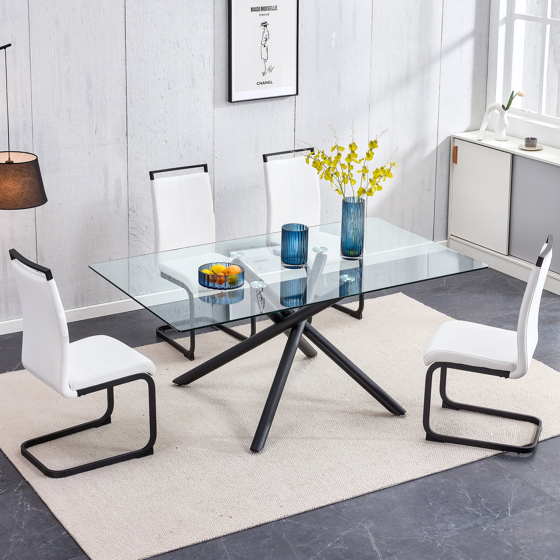 Large Modern Minimalist Rectangular Glass Dining Table For 6 8 With 0.39" Tempered Glass Tabletop And Black Color Metal Legs, For Kitchen Dining Living Meeting Room Banquet Hall,71" W X 39" D X 301537 Black Glass