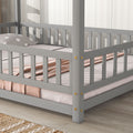 Full Size Floor Wooden Bed With House Roof Frame, Fence Guardrails ,Grey Full Grey Pine