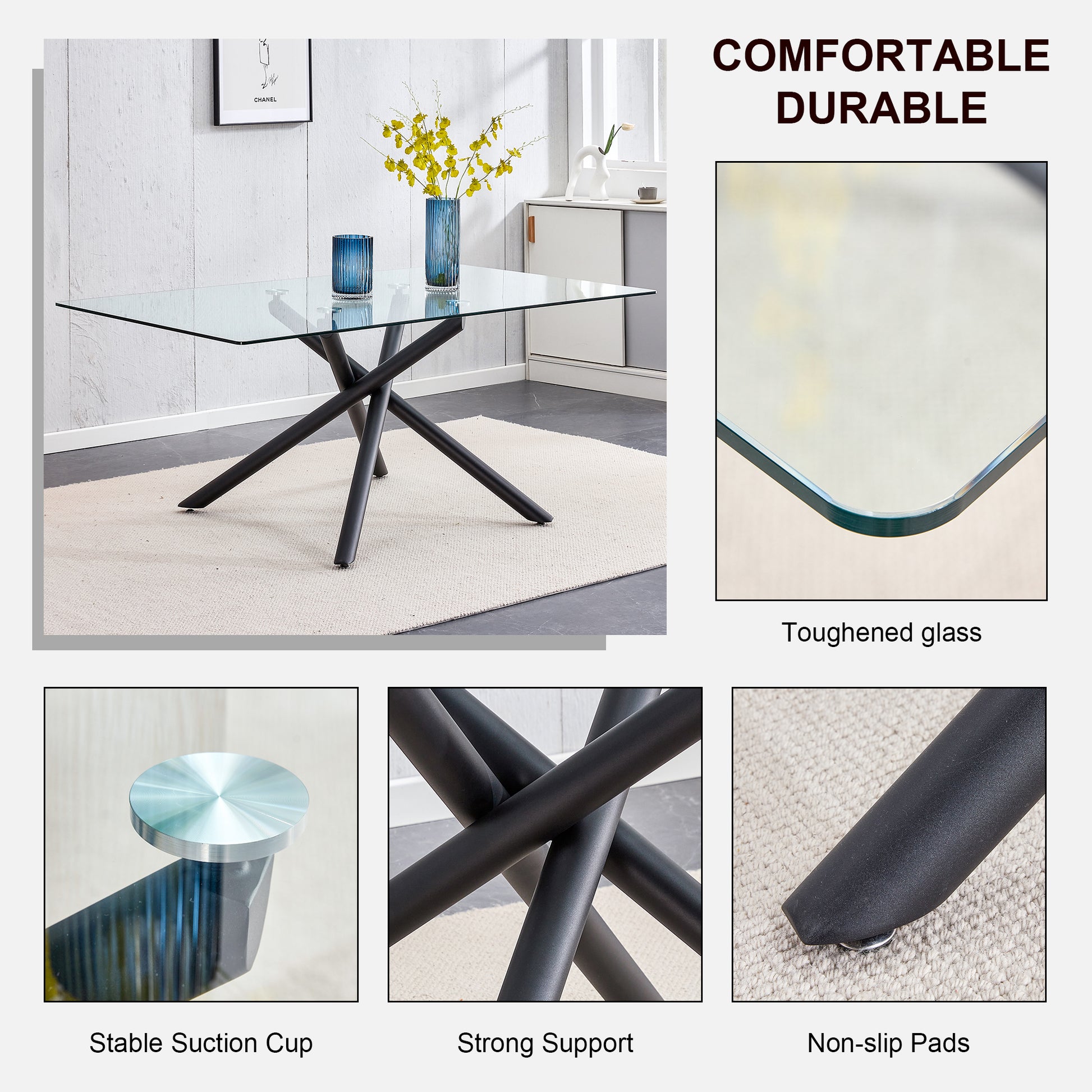 Large Modern Minimalist Rectangular Glass Dining Table For 6 8 With 0.39" Tempered Glass Tabletop And Black Color Metal Legs, For Kitchen Dining Living Meeting Room Banquet Hall,71" W X 39" D X 301537 Black Glass