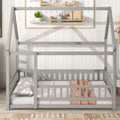 Full Size Floor Wooden Bed With House Roof Frame, Fence Guardrails ,Grey Full Grey Pine
