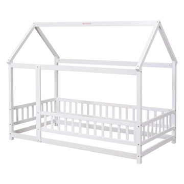 Twin Size Floor Wooden Bed With House Roof Frame, Fence Guardrails,White Old Sku:W1791106615 Twin White Pine
