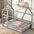 Full Size Floor Wooden Bed With House Roof Frame, Fence Guardrails ,Grey Full Grey Pine