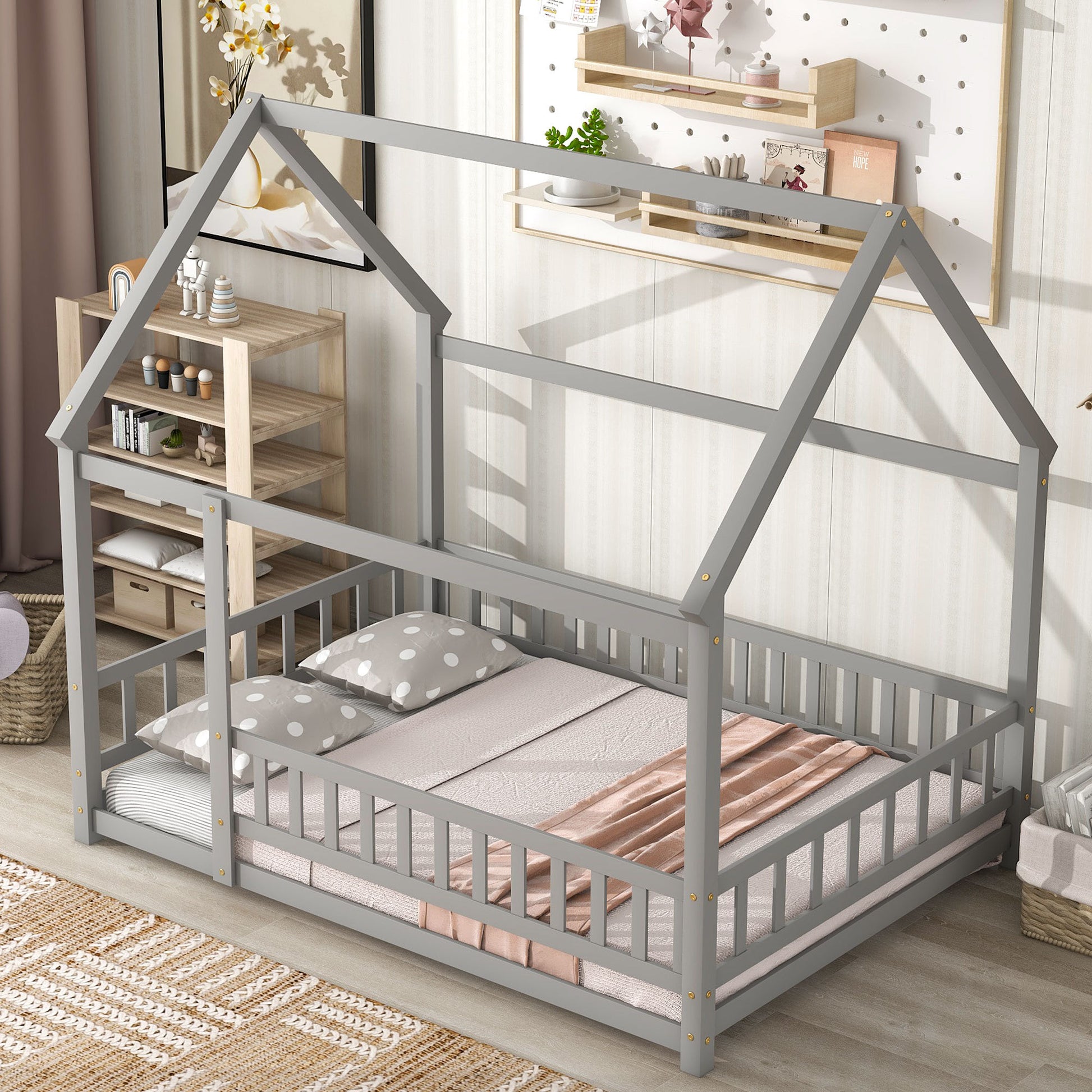 Full Size Floor Wooden Bed With House Roof Frame, Fence Guardrails ,Grey Full Grey Pine